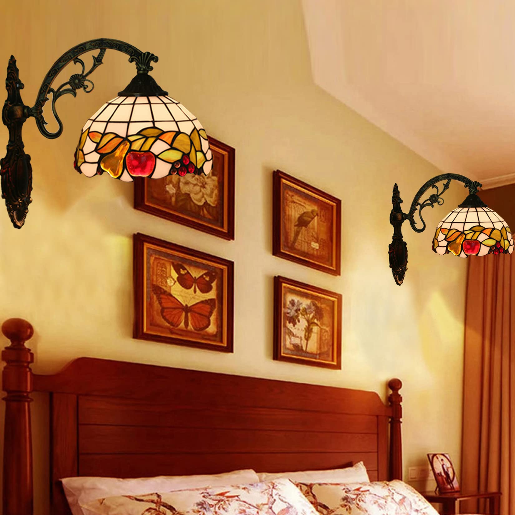 Applique da parete Tiffany, stile frutto, 20 cm, con vetri di mela, pera, uva e fiore, luce crescente o discesa, ideale per camera da letto, soggiorno, hotel e bagno, Down
