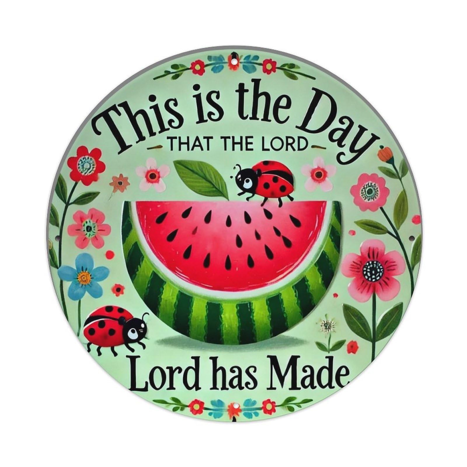 Watermelon Ladybug Flowers Text Art Retro Metal Sign Round Tin Sign, Vintage Decor Art Poster for Bar, Home, Man Cave, Kitchen, Laundry Room Gift 8x8Inch