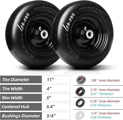 Miniatura 2 de (2 Pack) Universal Fit 11x4.00-5 Flat Free Lawn Mower Tires and Wheel - Solid Rubber Lawnmower Tires with 3.4" Centered Hub and 34" Sintered Iron