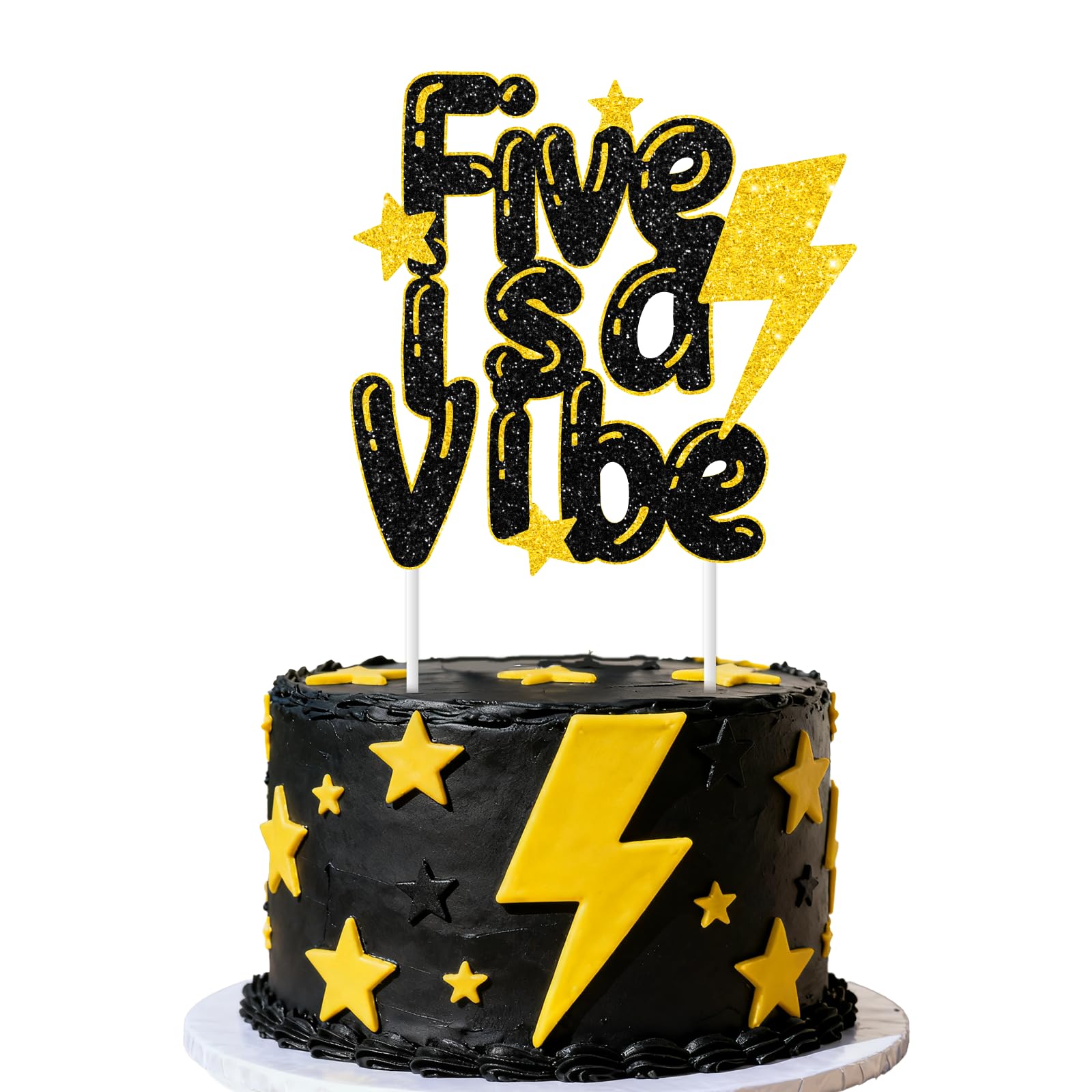 Five Is A Vibe Black Gold Glitter Cake Topper 5.11 * 5.15inches Groovy 5th Birthday Decorations Boho Retro Hippie Fifth Birthday Cake Decors Lightning Bolt Star Five Years Old Bday Party Supplies