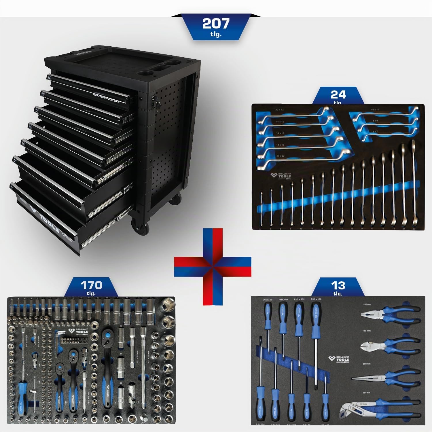 BRILLIANT TOOLS BT153207 Carro de taller con 7 cajones y 207 herramientas [Powered by KS TOOLS]