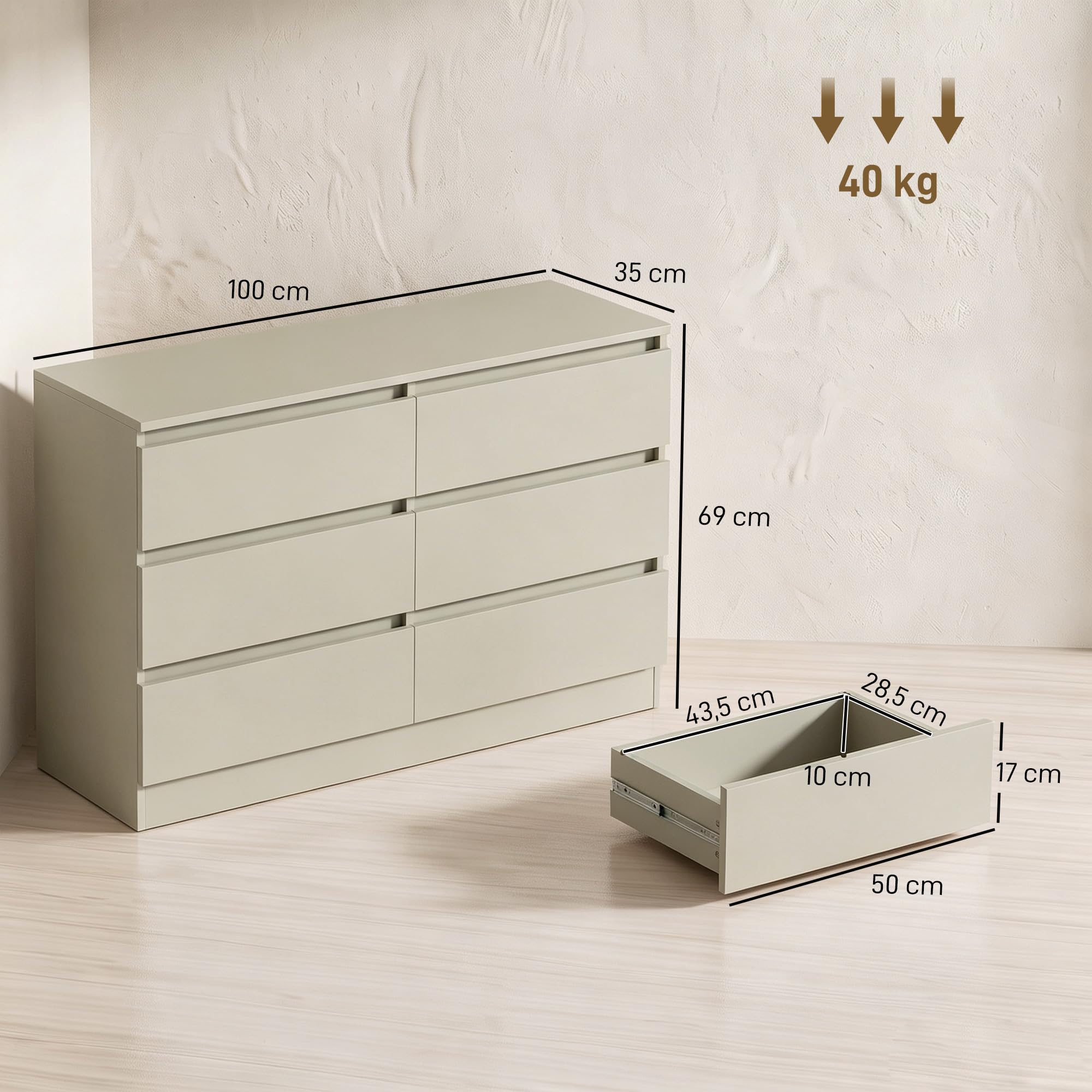 HOMCOM Cómoda de 6 Cajones para Dormitorio 100x35x69 cm Marrón Claro