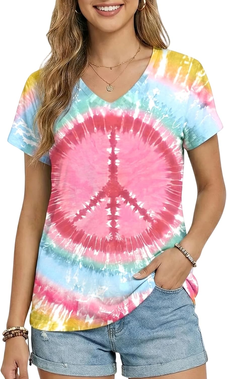 Women Hippie Shirt 60s 70s Peace Love Graphic Tie Dye V-Neck Tshirt Vintage Hippie Style Tee Tops