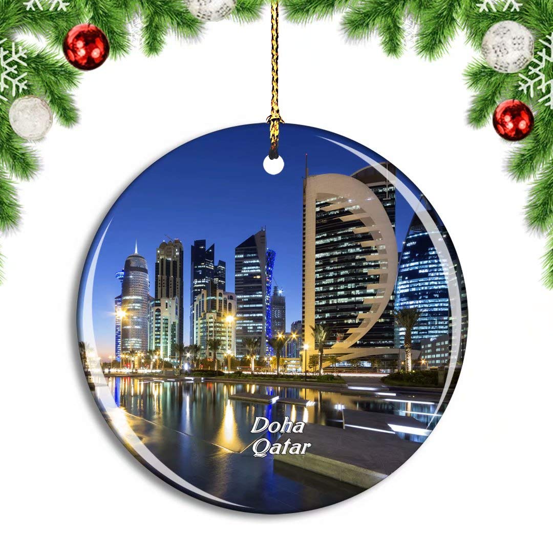 Weekino Doha Qatar Christmas Xmas Tree Ornament Decoration Hanging Pendant Decor City Travel Souvenir Collection Double Sided Porcelain 2.85 Inch