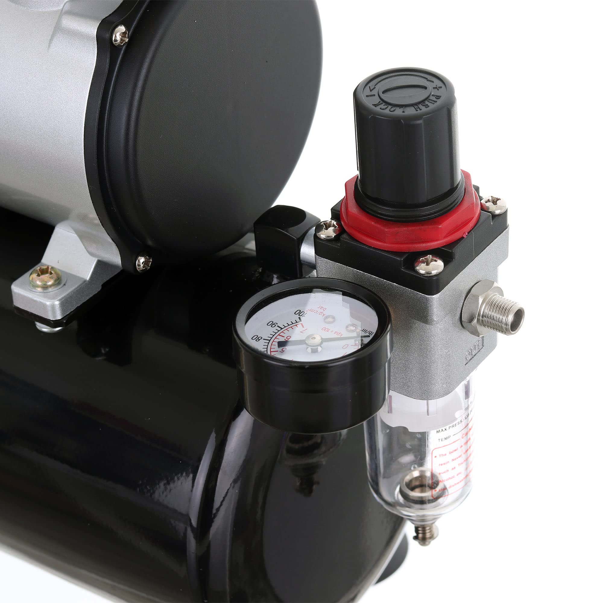 Compresor de aire de dos cilindros con depósito, filtro de aire regulador, ventilador.