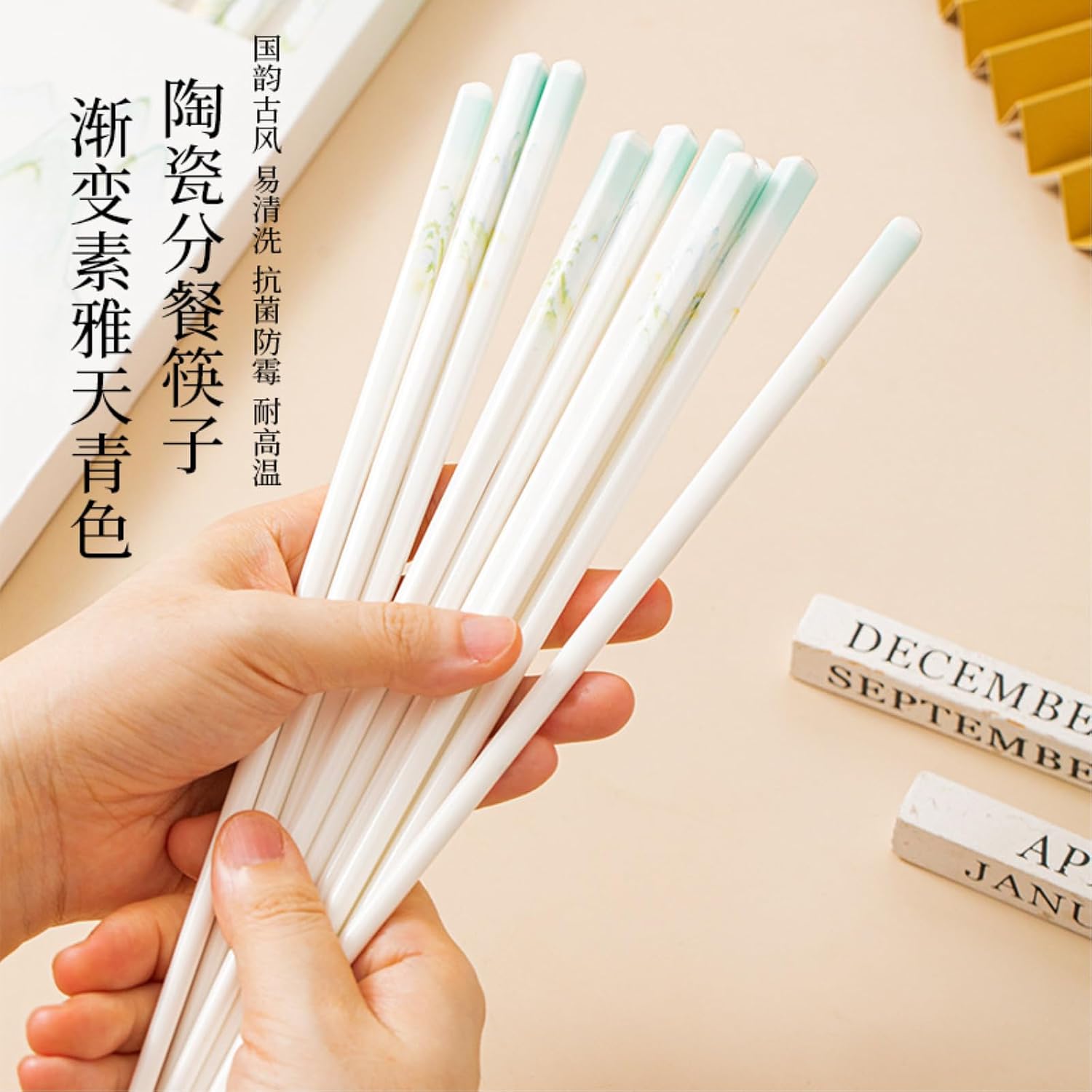3pc5 pair-Green Mountain and Water Ceramic Chopsticks Moisture-proof box for household chopsticks-Green Mountain