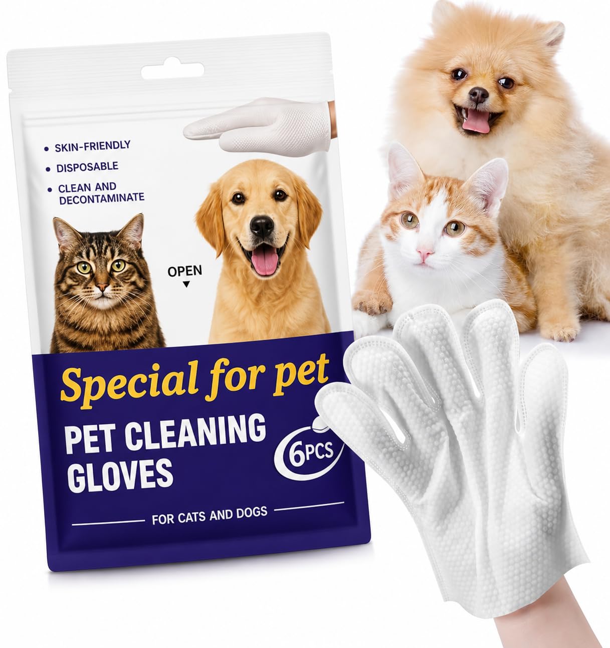 TruSky Pro Pet Glove Wipes for Dog, Wash Free, Thickened, 6 Pcs Disposable Pet Cleaning Grooming Gloves for Daily Care and Traveling, Easy Use on Fur Face, Body, Ear, Eye, Paws and Bum โ image 1