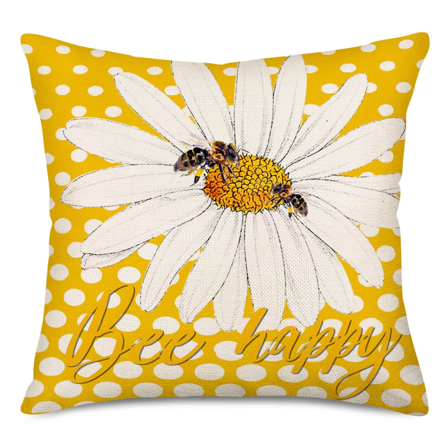 Yellow Bee Happy Daisy Flower Pillow Cover 18x18 Inch White Polka Dot with Floral Bloom Saying Throw Pillow Covers Spring Summer Farmhouse Decorations Pillow Cases Cotton Linen