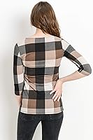 Vista 4 de LaClef - Blusa de maternidad para mujer, cuello redondo, manga 3/4, plisada al frente, estilo peplum Cuadros marrones