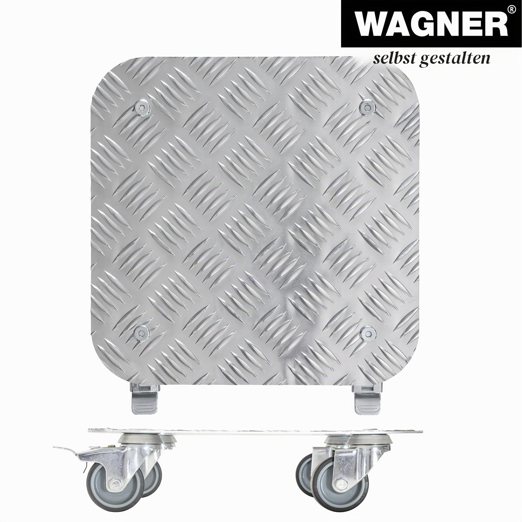 WAGNER Pflanzenroller Alaska 29 x 29 x 7,5 cm I Blumenroller für Außenbereich + Innenbereich I Kübelroller aus Aluminium Riffelblech I 2 Total-Feststeller I Tragkraft 100 kg I Made in DE- 20700301