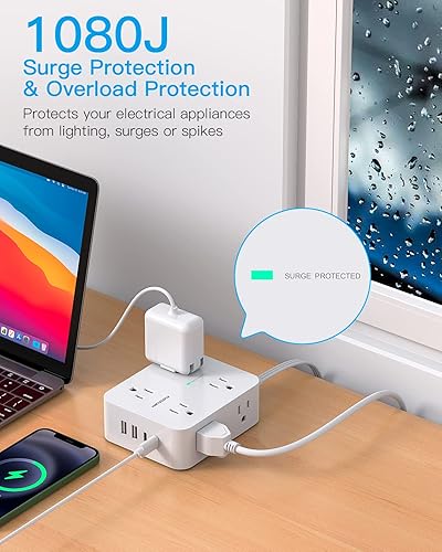 Miniatura 3 de Cable de extensión de 15 pies, regleta de alimentación con 4 puertos USB (2 USB C), 8 salidas protectoras de sobretensiones con enchufe plano,