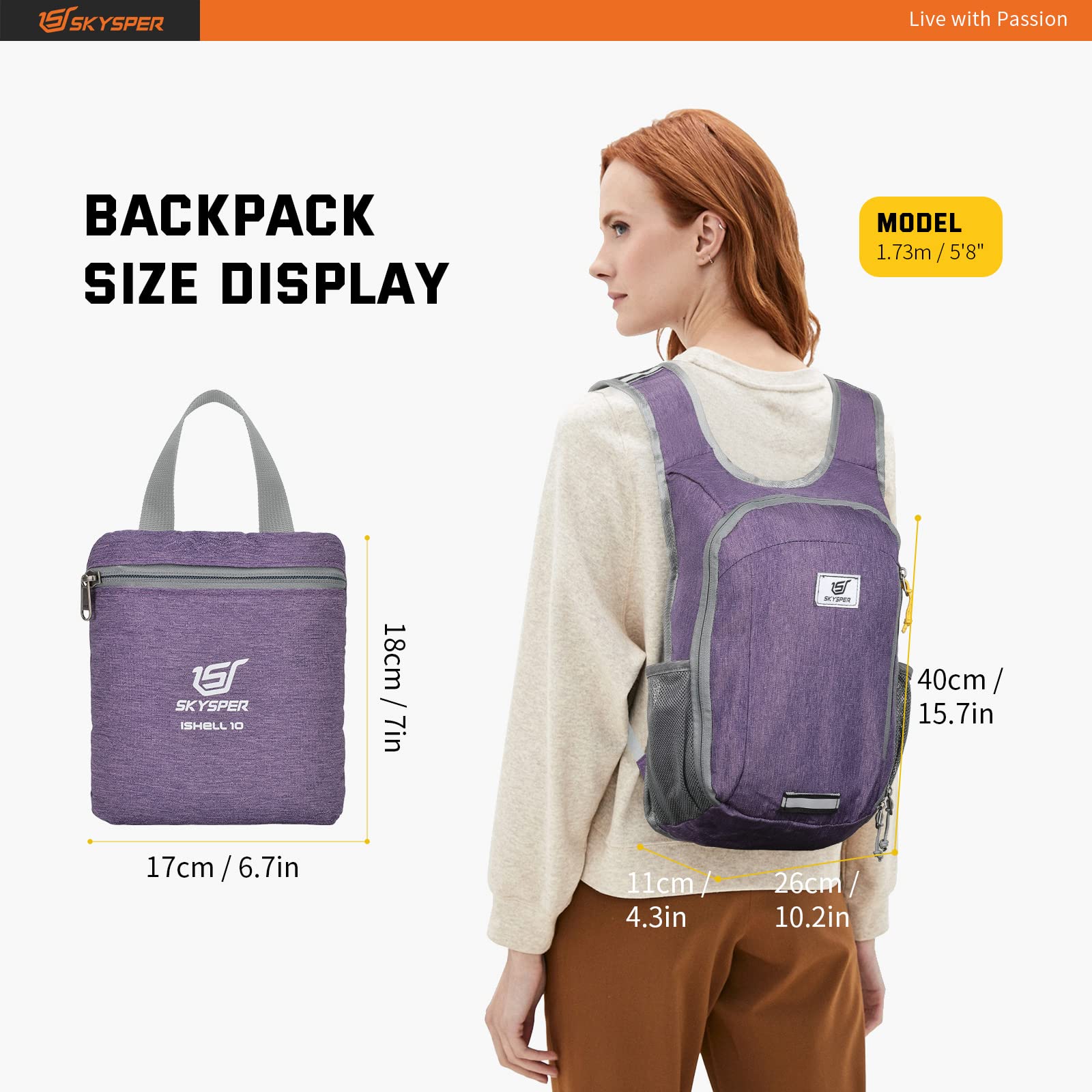 SKYSPER Zaino Leggero Pieghevole 10L, Zainetto Richiudibile Zaino Hiking Salvaspazio per Trekking Viaggi Brevi Escursioni Ciclismo