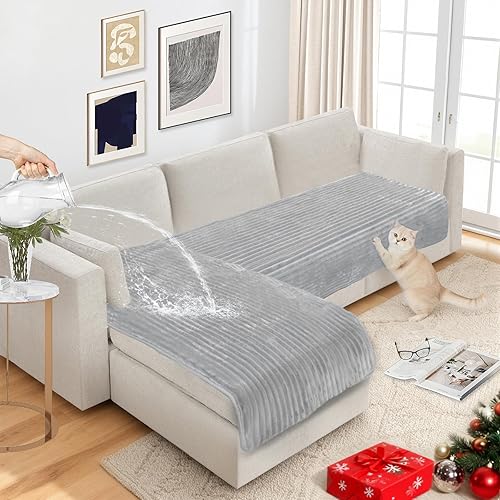 Vista 23 de NAISI Fundas de sofá para perros, funda impermeable de franela a rayas para sofá, apta para mascotas, lavable, protector antideslizante para sofá