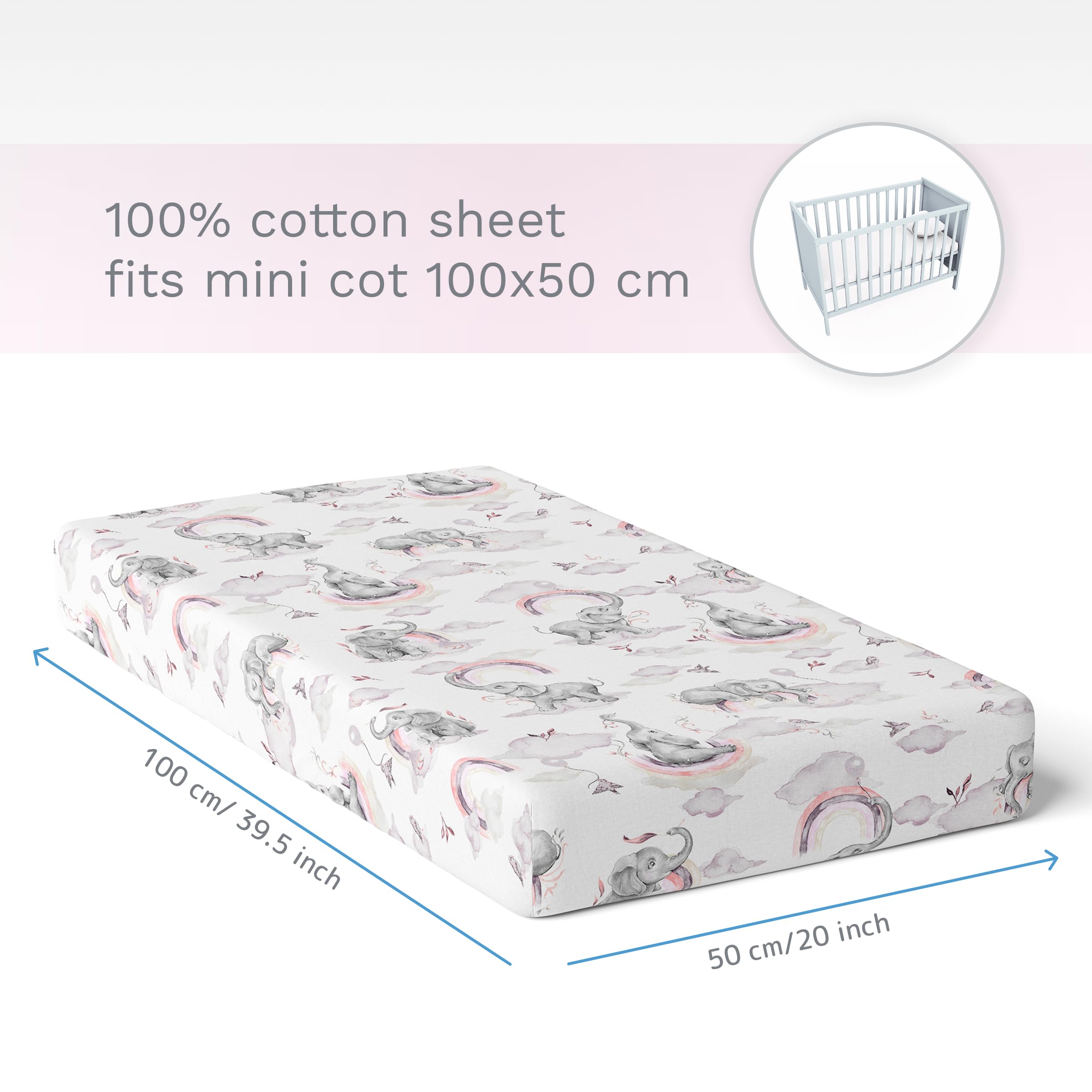 Baby Comfort 100% Cotton Fitted Sheet to fit 100x50 cm Baby Mini Cot (Pink Elephants) - Image 4