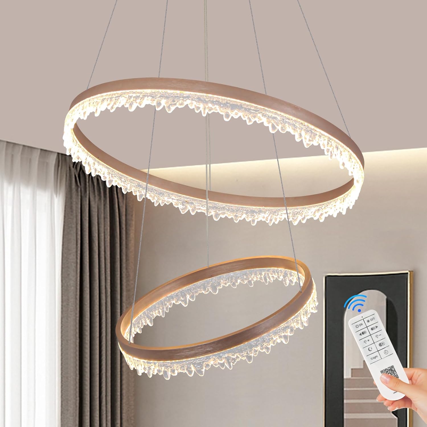 Modern LED Chandelier 2 Ring 23.6in Circular Pendant Light for Dining Room, Coffee Dimmable Round Chandelier Light Fixture Hanging Light with Remote for Living Room Kitchen Island 2 Rings Coffee
