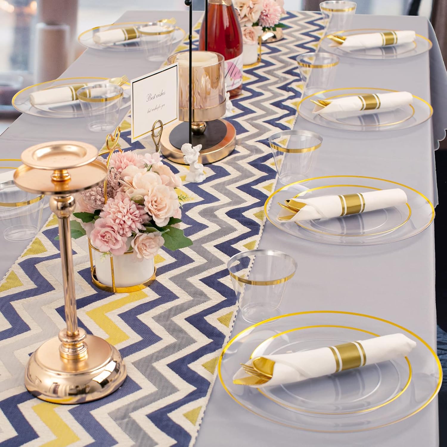 Rubtlamp 140Pcs Gold Plastic Plates, Clear Disposable Plates with Gold Trim, gold Dinnerware Include 20Dinner Plates,20Salad Plates, 20Cups,20Silverware With Pre Rolled Napkins