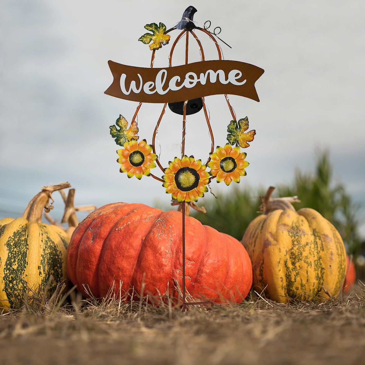 26.6" H Solar Lighted Metal Pumpkin Garden Stake Fall Welcome Yard Sign with Sunflowers for Home Outside Garden Lawn Porch Autumn Thanksgiving Decorations