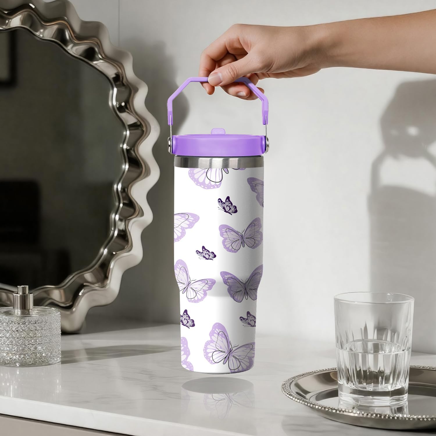 Butterfly Tumbler with Handle and Flip Straw, 30oz Purple Travel Coffee Mug Water Bottle with Lid, Stainless Steel Insulated Cup, Birthday Gifts for Women Animal Lovers