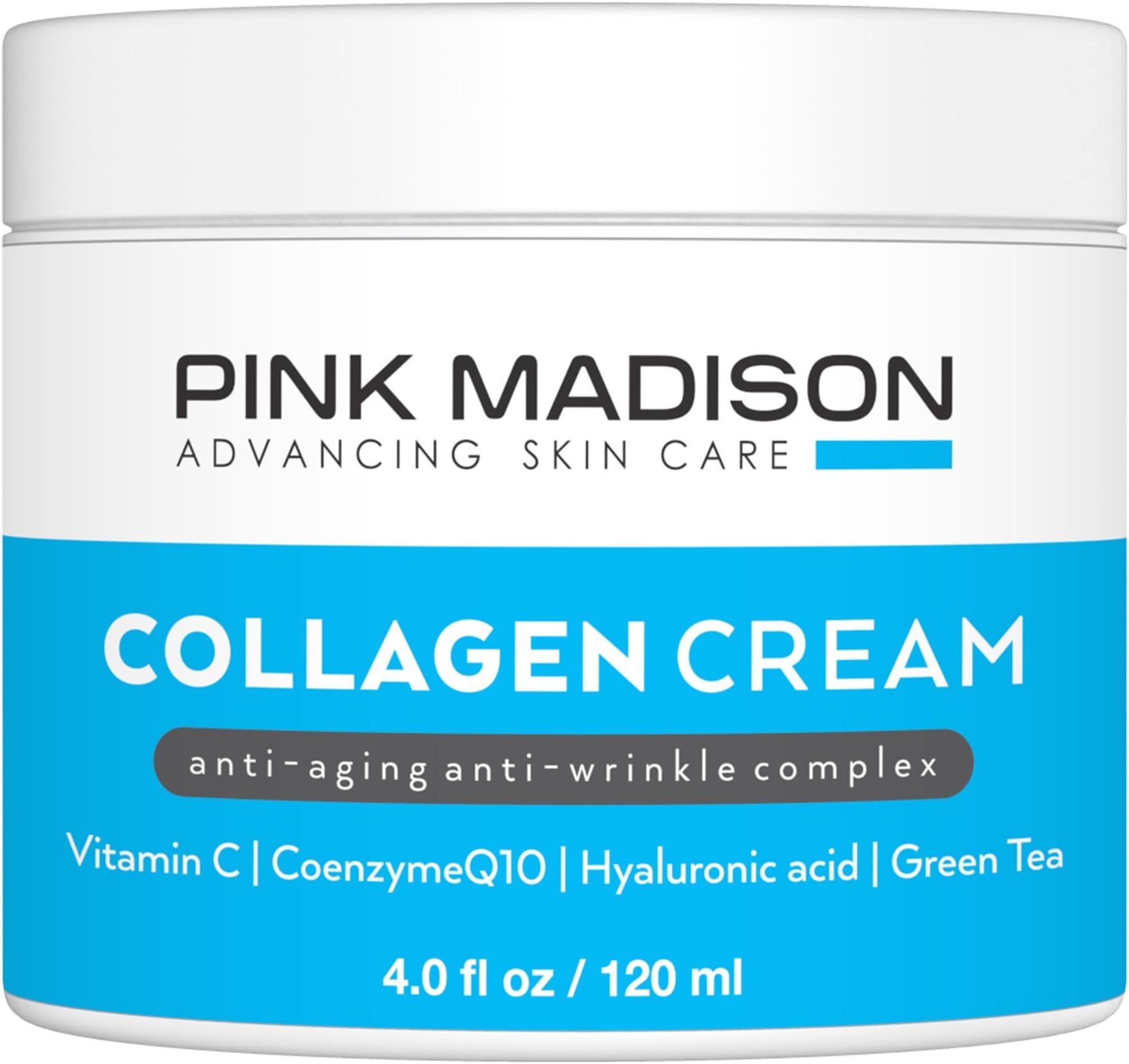 Pink Madison Skin Tightening Collagen Serum Cream with Hyaluronic Acid Anti Aging Face Treatment Fine Lines Wrinkles Men Women 4 Ounce Jar