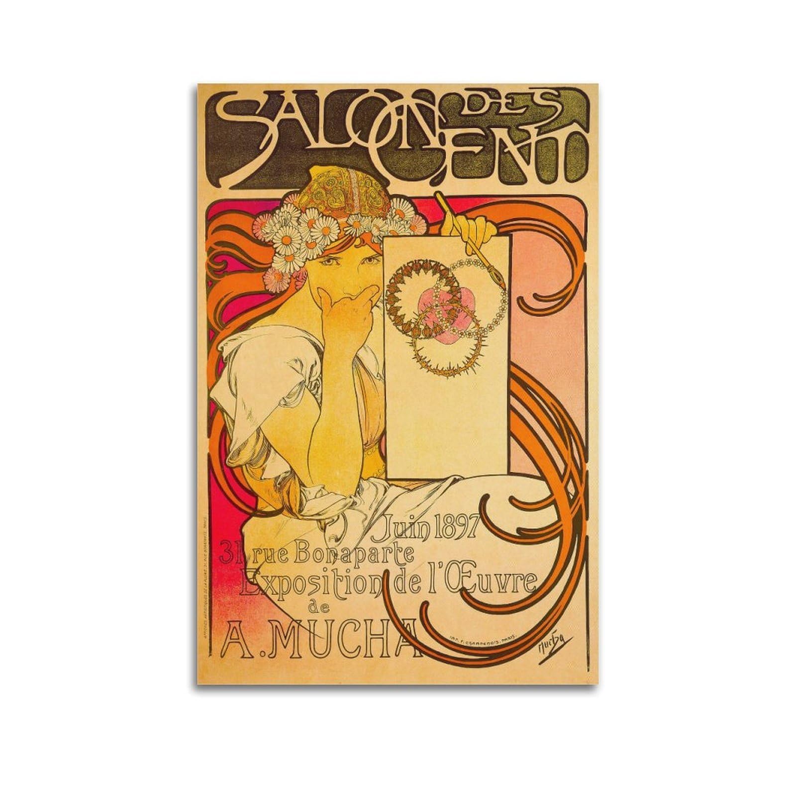 YMXSDIMDS Salon of The Hundred by Alphonse Mucha Painting Poster Wall Art Bedroom Prints Home Decor Hanging Picture Canvas 24x36inch(60x90cm)