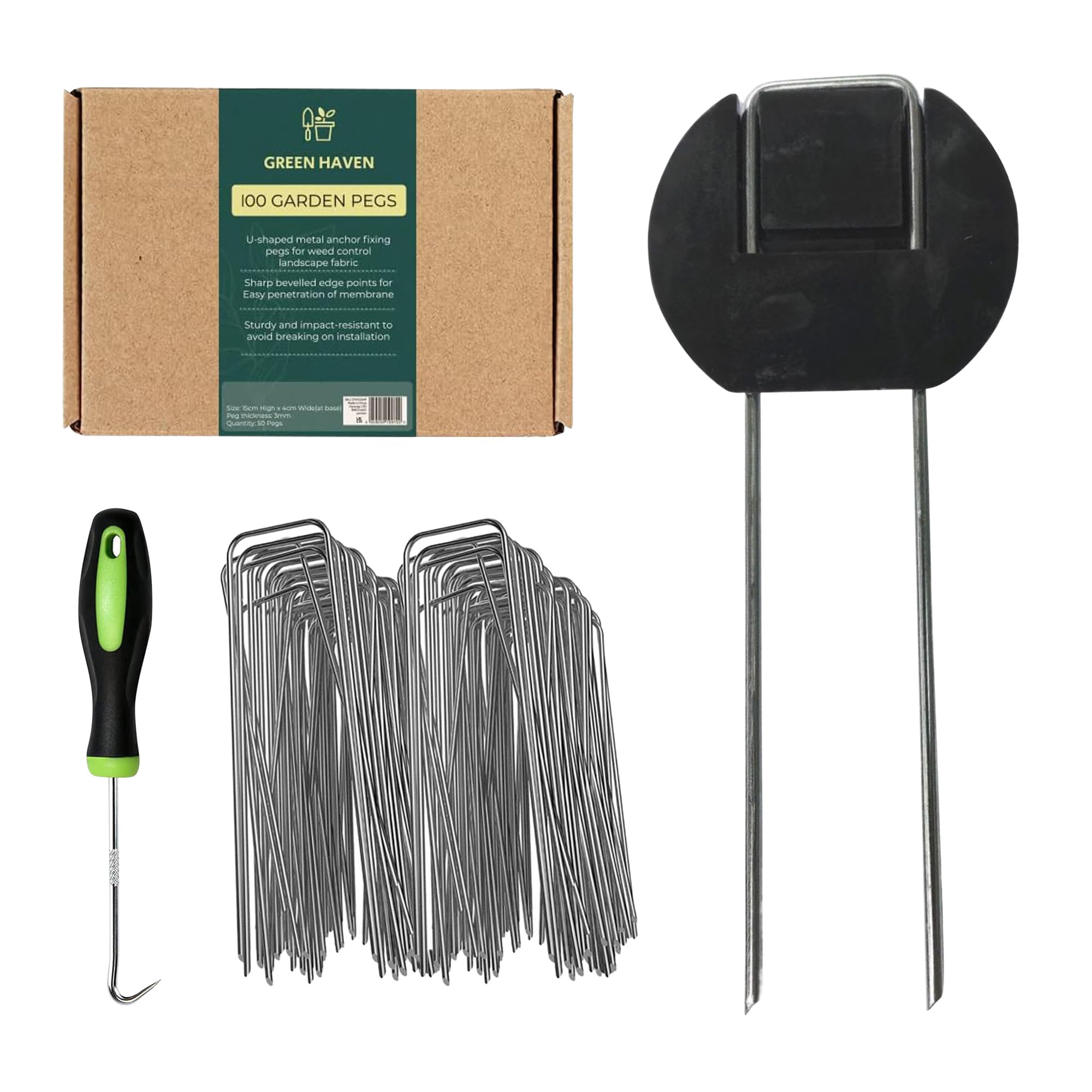 Green Haven Garden Pegs Buffer Bundle 100 Pack - Heavy Duty Garden Pegs for Weed Control Membrane Pegs, Weed Barrier Fabric, Netting & Landscaping, 15cm Metal Staples w/Large Buffer Surface
