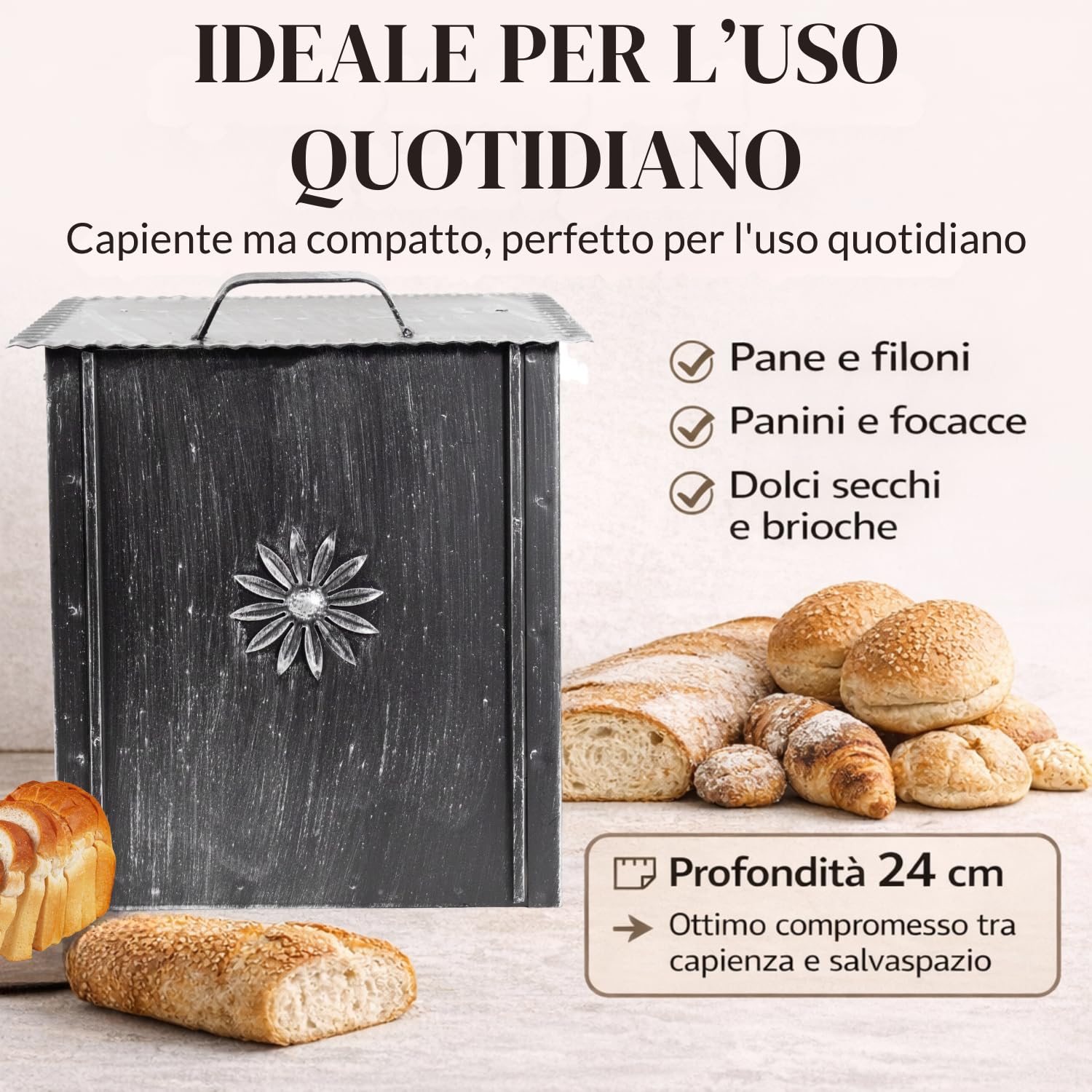 MOHOME Portapane Moderno da Tavola per Cucina in Ferro Contenitore per Pane Panini Baguette Biscotti Frutta Made in Italy Design Rustico 29 x 24 x 38 cm con Coperchio