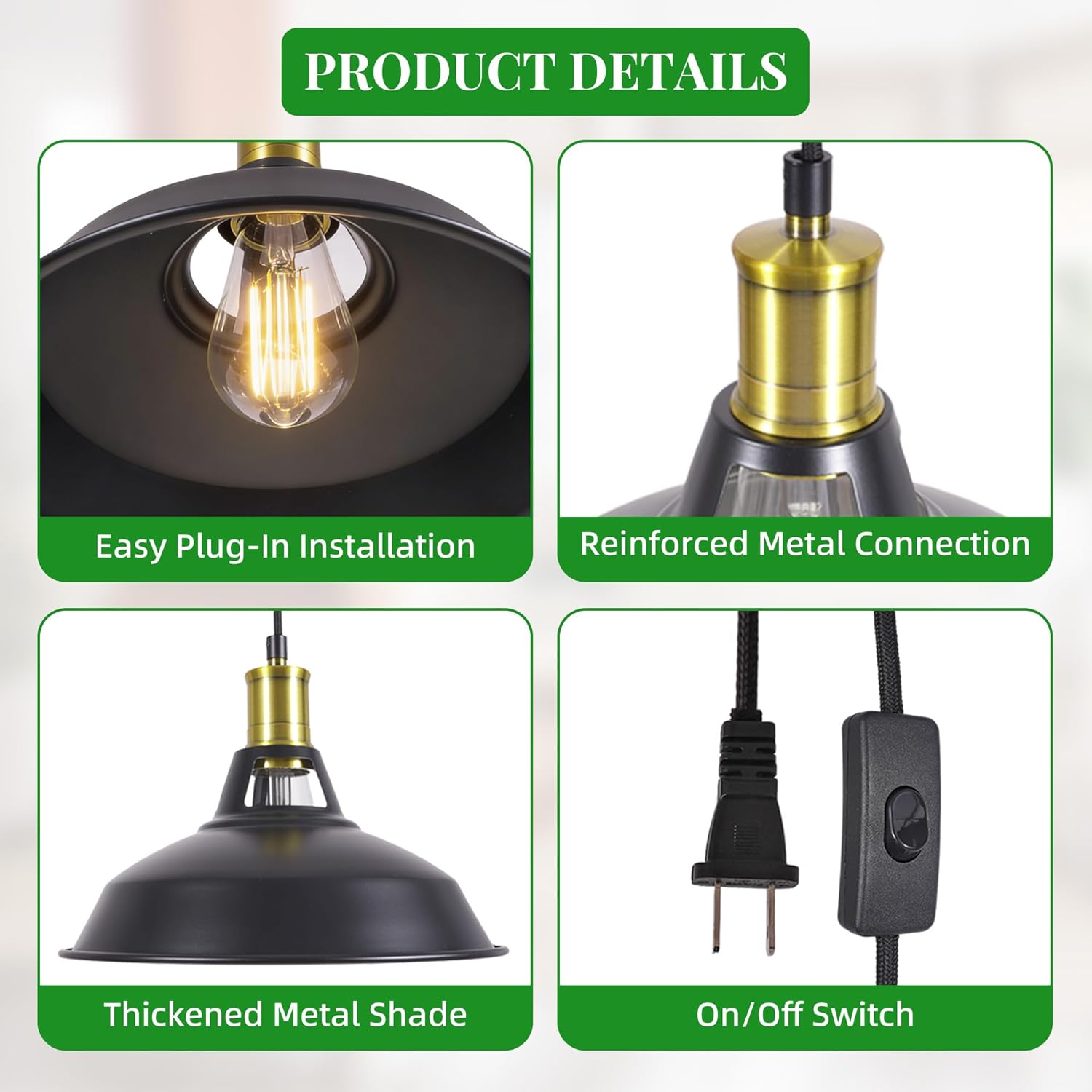 Pendant Light Fixture, Plug-in Industrial Metal Shade Hanging Light with 15ft Cord, On/Off Switch, Farmhouse Black & Gold Lighting for Kitchen Island, Dining Room, Bedroom, E26