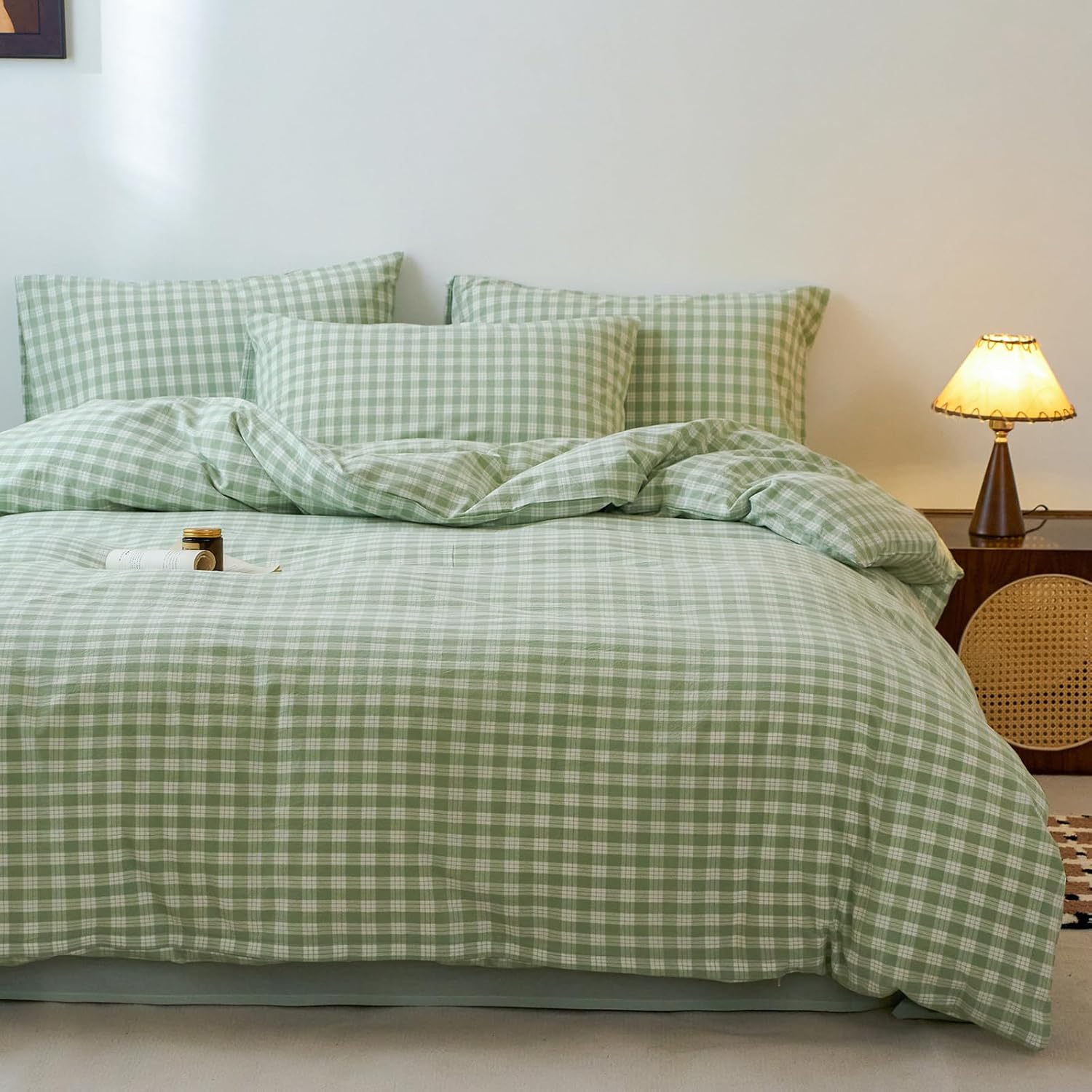 Mint Green Gingham Grid Duvet Cover Checkered Cotton Duvet Cover Queen Light Green Soft Plaid Duvet Protector, Green Buffalo Grid Bedding Set Gingham Comforter Cover with Zipper
