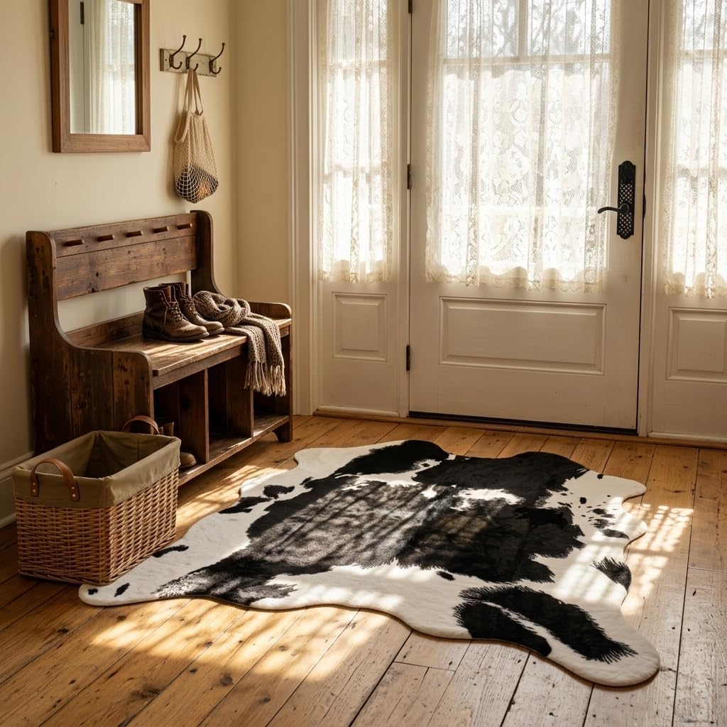 Cow Print Area Rug, Faux Cowhide Rug, Modern Farmhouse Western Living Room Bedroom Carpet Decor, Non-Slip 4'7" x 5'3"（140x160cm）