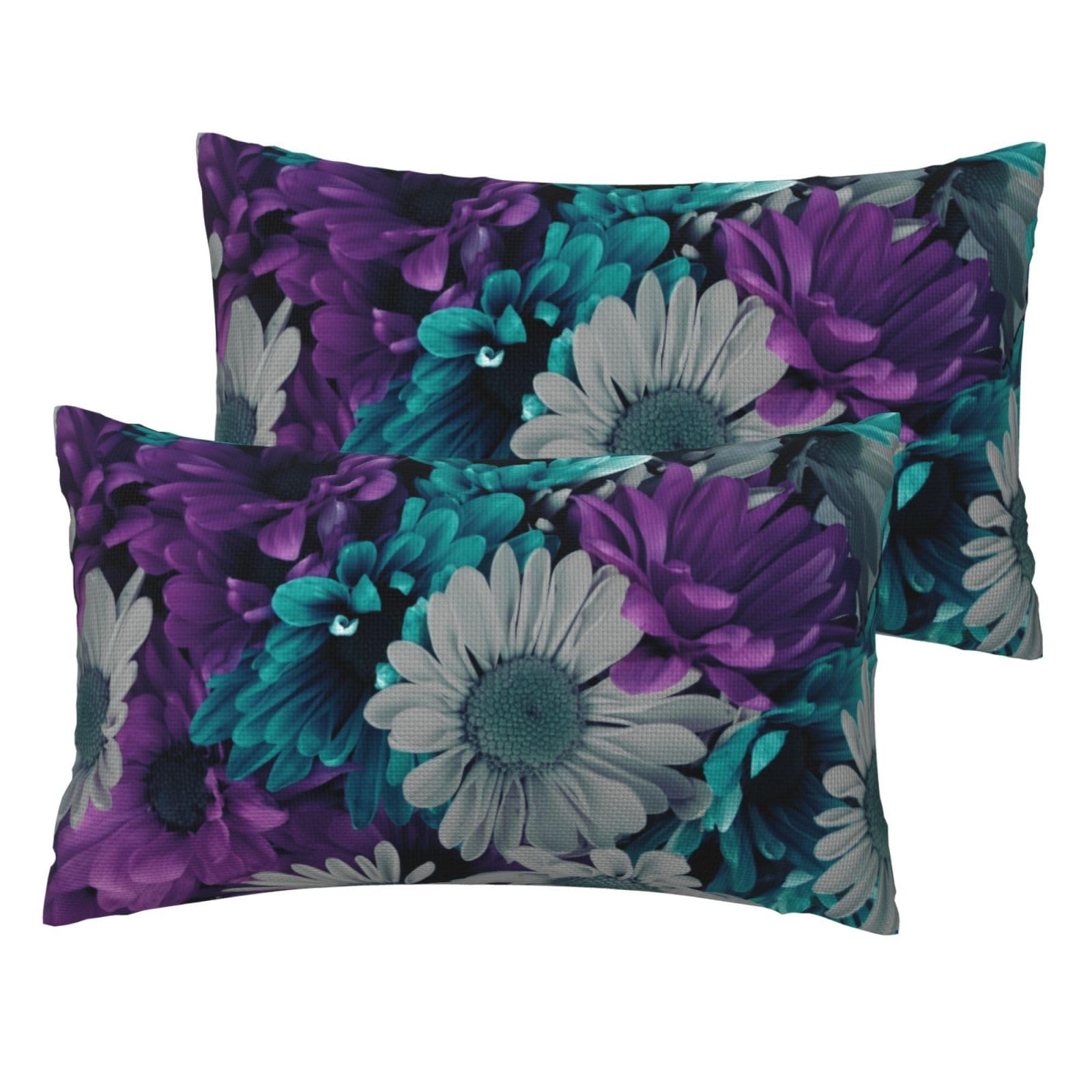 Taies d'oreiller imprimé floral violet et blanc en tissu aspect lin haut de gamme