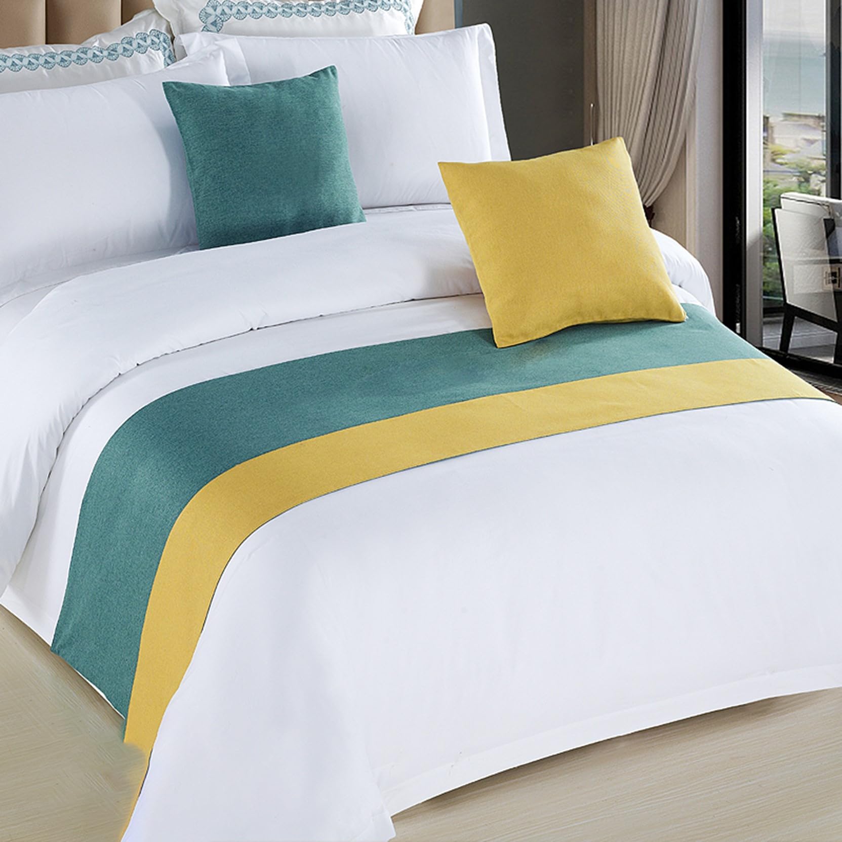 HLASMSPE Cotton Linen Bed Runner Throw, Bedspread Decor Bed Scarf Modern Bedding Cover Protection for Hotel Wedding, Green Yellow, 50x210cm bed runner for 1.5m bed
