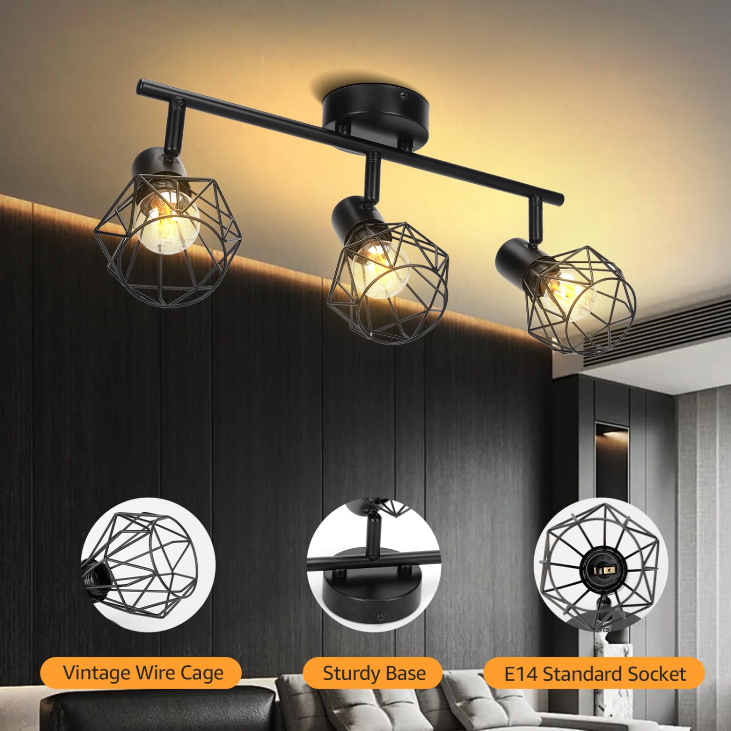 Aigostar LED Deckenstrahler Schwenkbar, Deckenleuchte E14 3 Flammig Schwarz, Spotleuchte Wand, Deckenlampe Spots Led, Wandstrahler für Küche, Wohnzimmer, Schlafzimmer, Ohne Leuchtmittel, 2 Stück