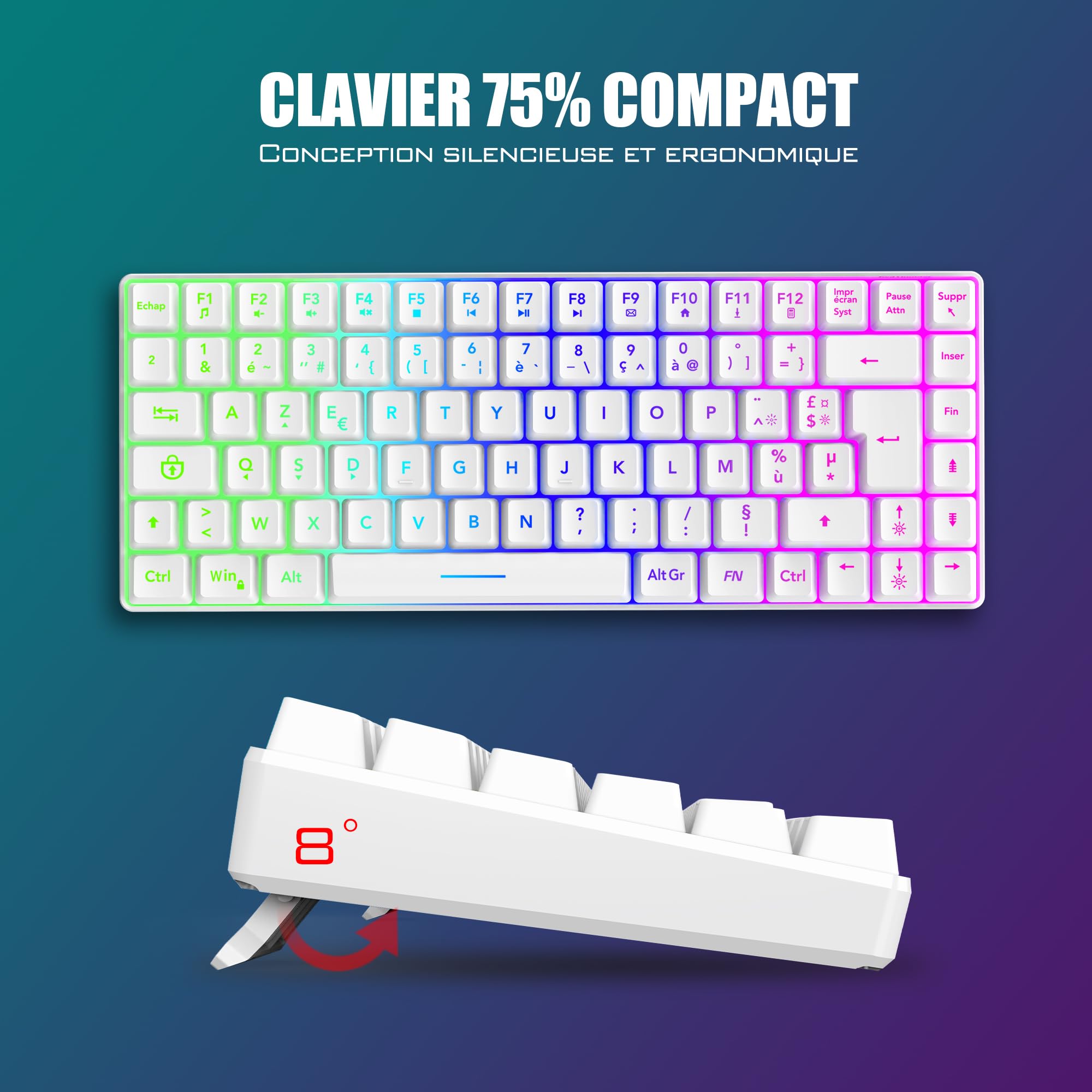 RedThunder K84 Combo Clavier et Souris USB sans Fil Gamer, AZERTY Français, Batterie Rechargeable RVB Rétroéclairée, Clavier TKL à 75% et Souris Optique Légère en Nid d'abeille 3200 DPI(Blanc)