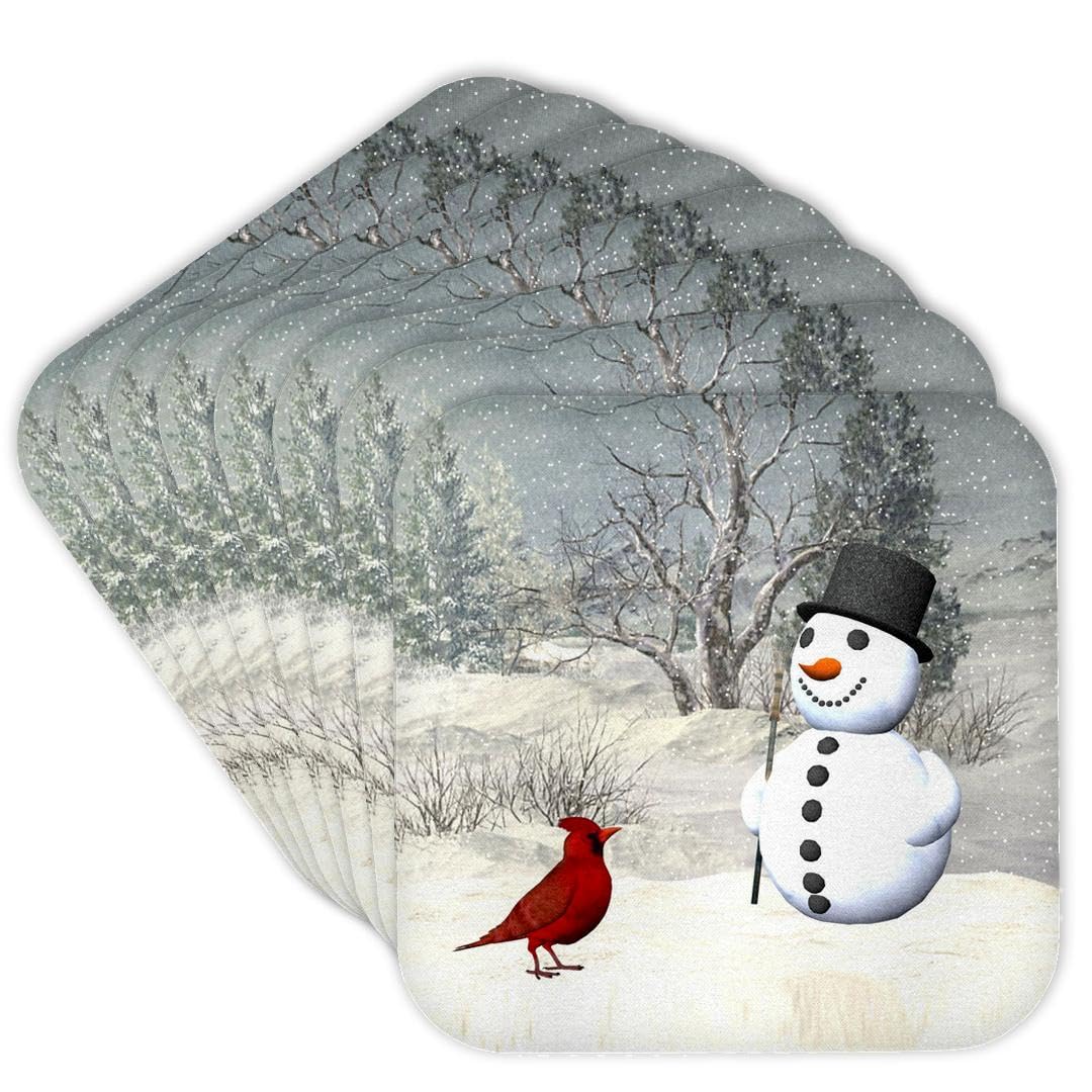 3dRose CST_18581_2 Cardinal and Snowman in Winter Soft Coasters, Set of 8