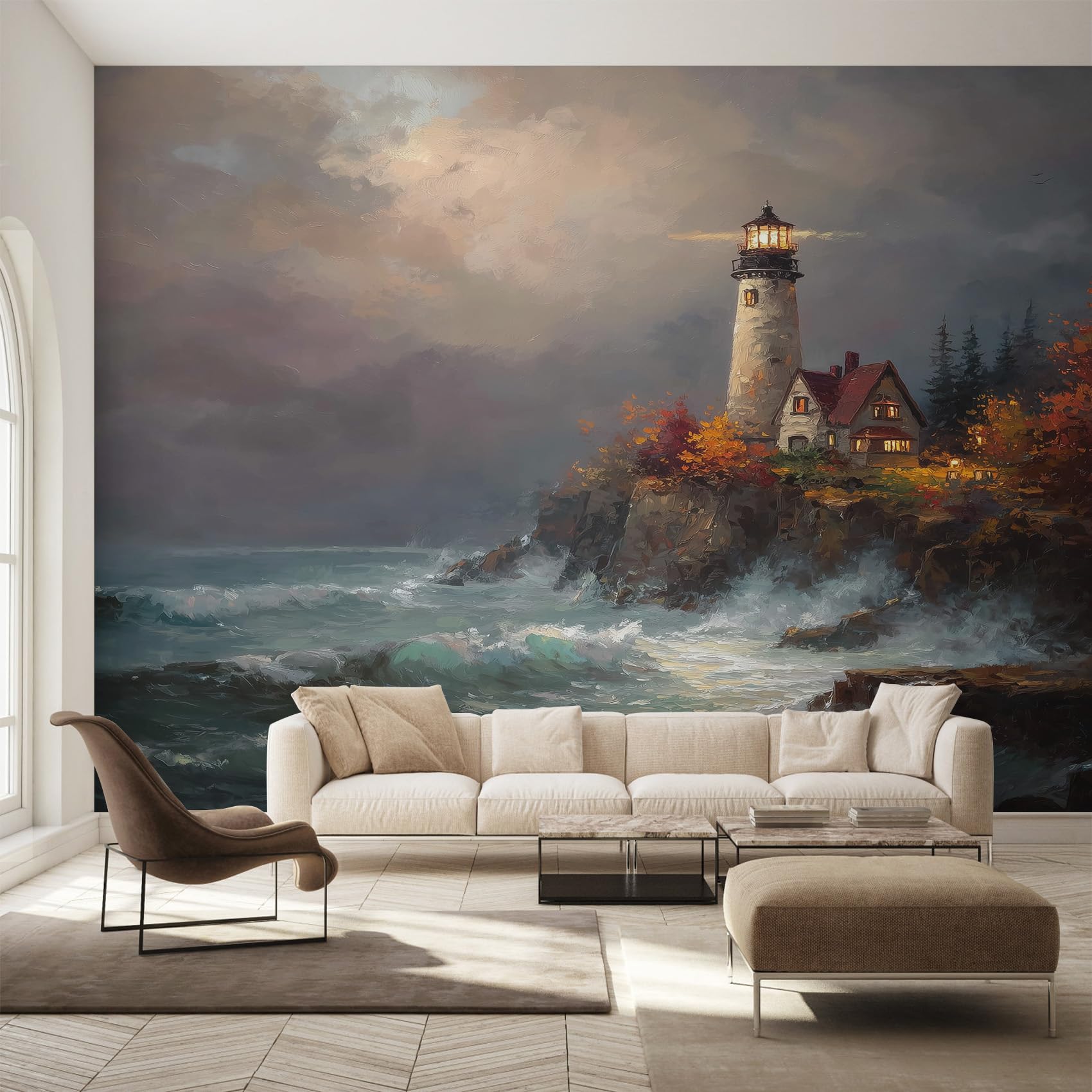 Papier peint intissé phare pour agrandir un salon avec un décor océan unique