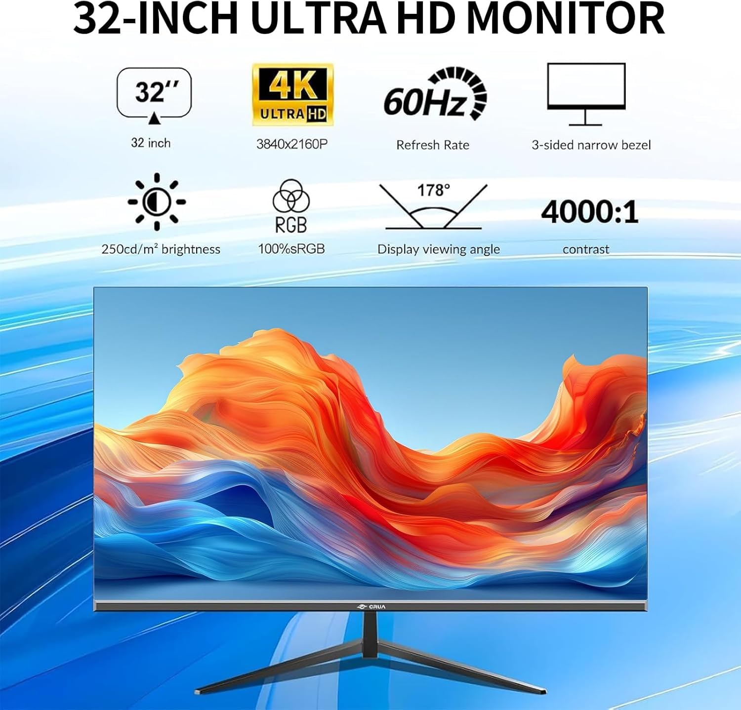 CRUA 32-calowy zakrzywiony monitor do gier 4K - częstotliwość odświeżania 60 Hz, czas reakcji 1 ms, obsługa HDR10, kompatybilny z G-Sync, zakrzywiony panel VA 1500R (81,3 cm), idealny dla GA