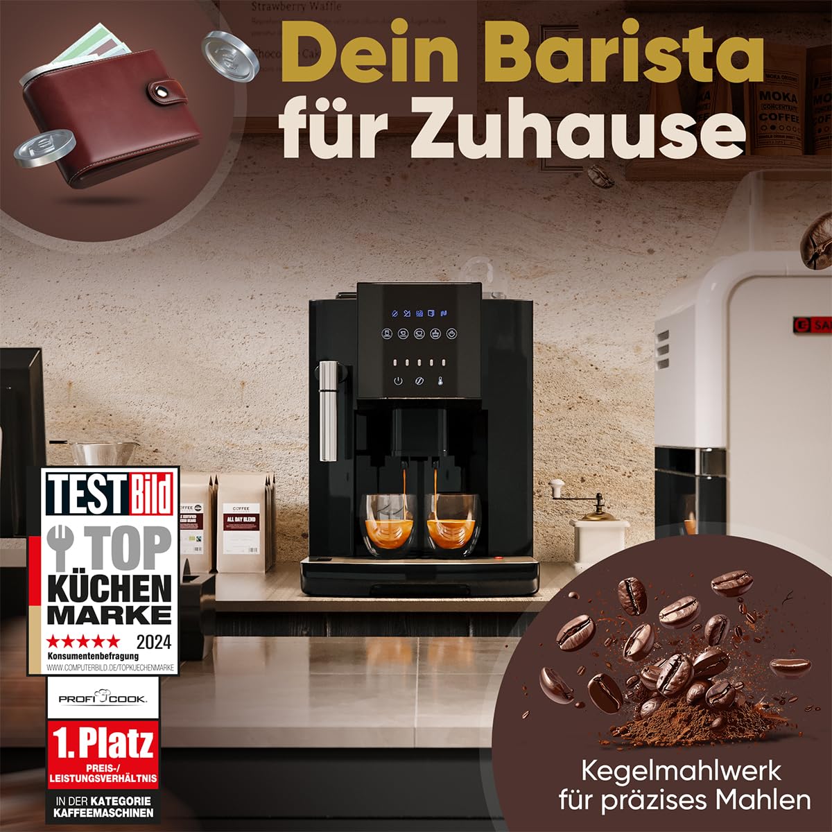 ProfiCook® Kaffeevollautomat mit Milchaufschäumdüse für Cappuccino | Kegelmahlwerk | mit Vorwärmfunktion für Tassen | italienische Profi-Pumpe | Touch-Display | Kaffeemaschine | PC KAV 1281