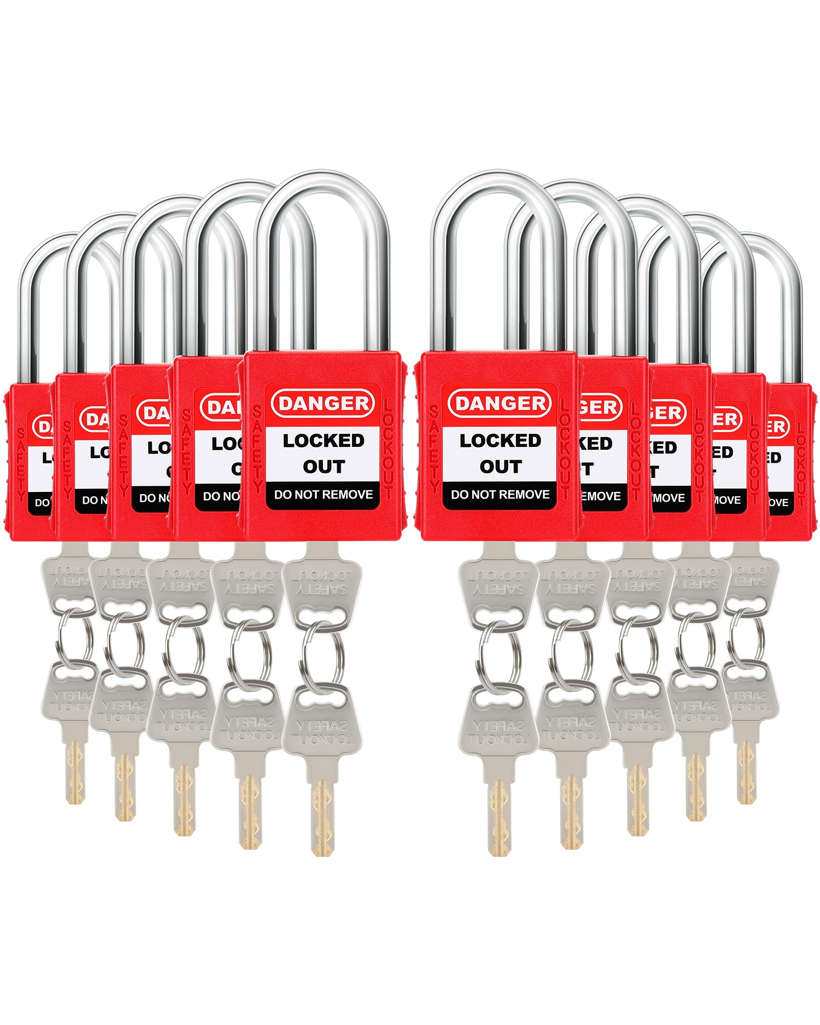 10pack Candado de seguridad, Cerraduras de bloqueo y etiquetado, Clave diferente,Rojo