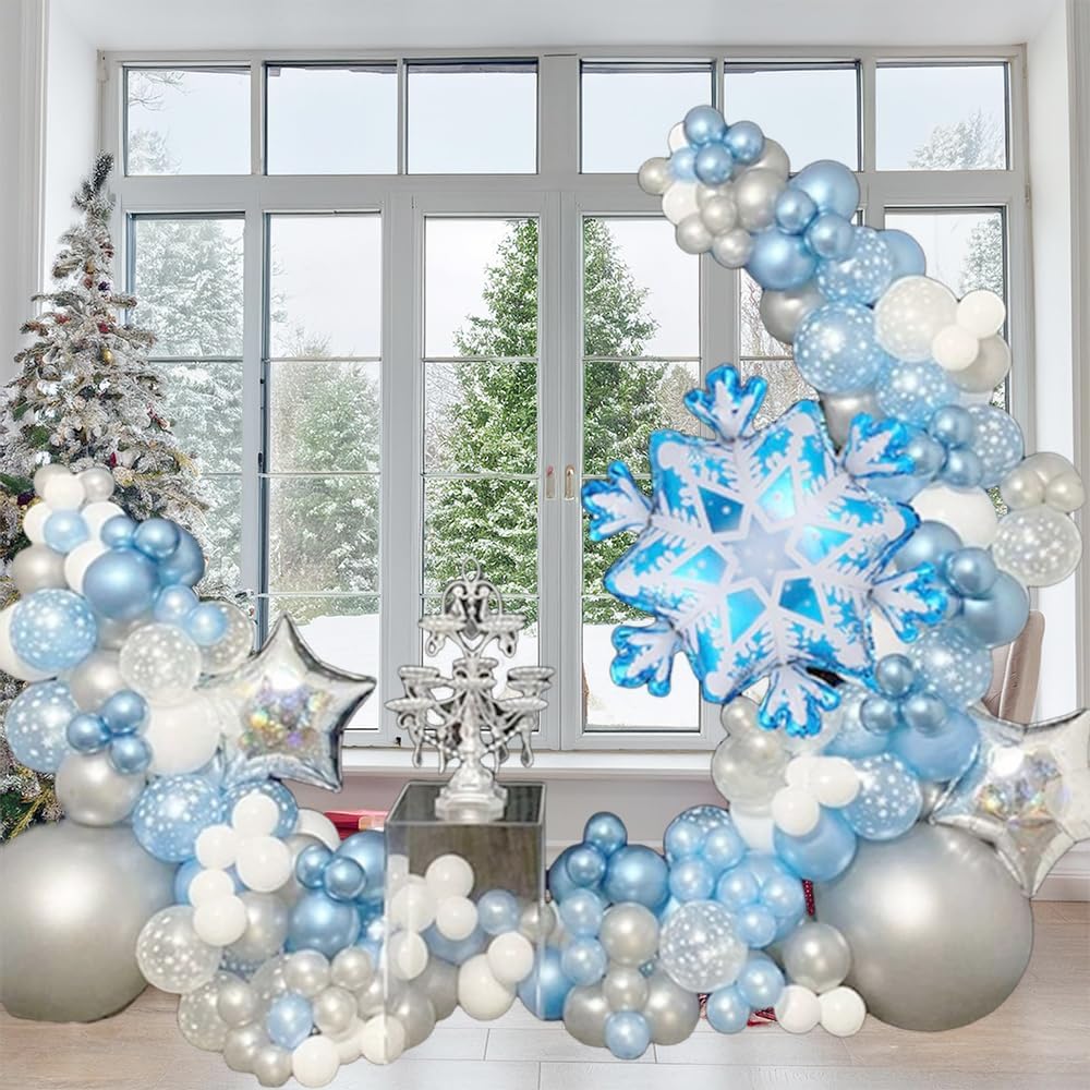 118 Pieces Snowflake Balloon Garland Arch kit-Snowflake Balloon with Silver Blue White Latex Balloons set for Winter Wonderland Holiday Christmas Baby Shower Snow Princess Birthday Party Decorations