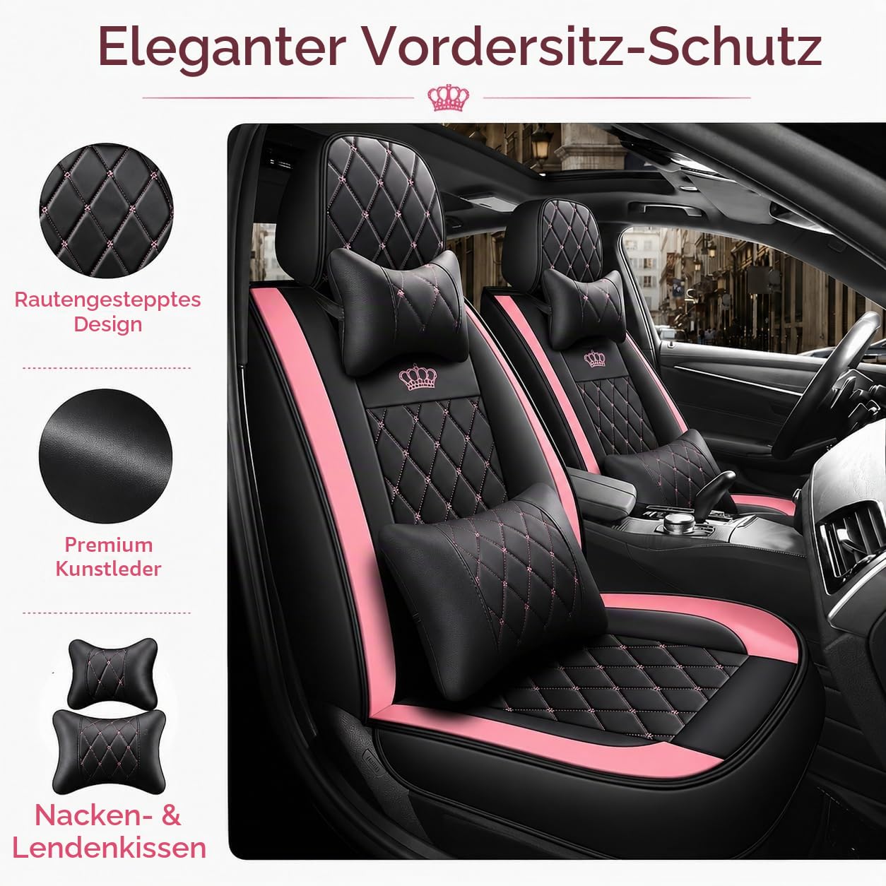 Komplettset Autositzbezüge aus atmungsaktivem Kunstleder Für Vorder- und Rücksitze inkl. Kopfstützen - reduziert Fahrermüdigkeit - passend für die meisten Pkw (Pink + schwarz, Vorder- & Rücksitze)