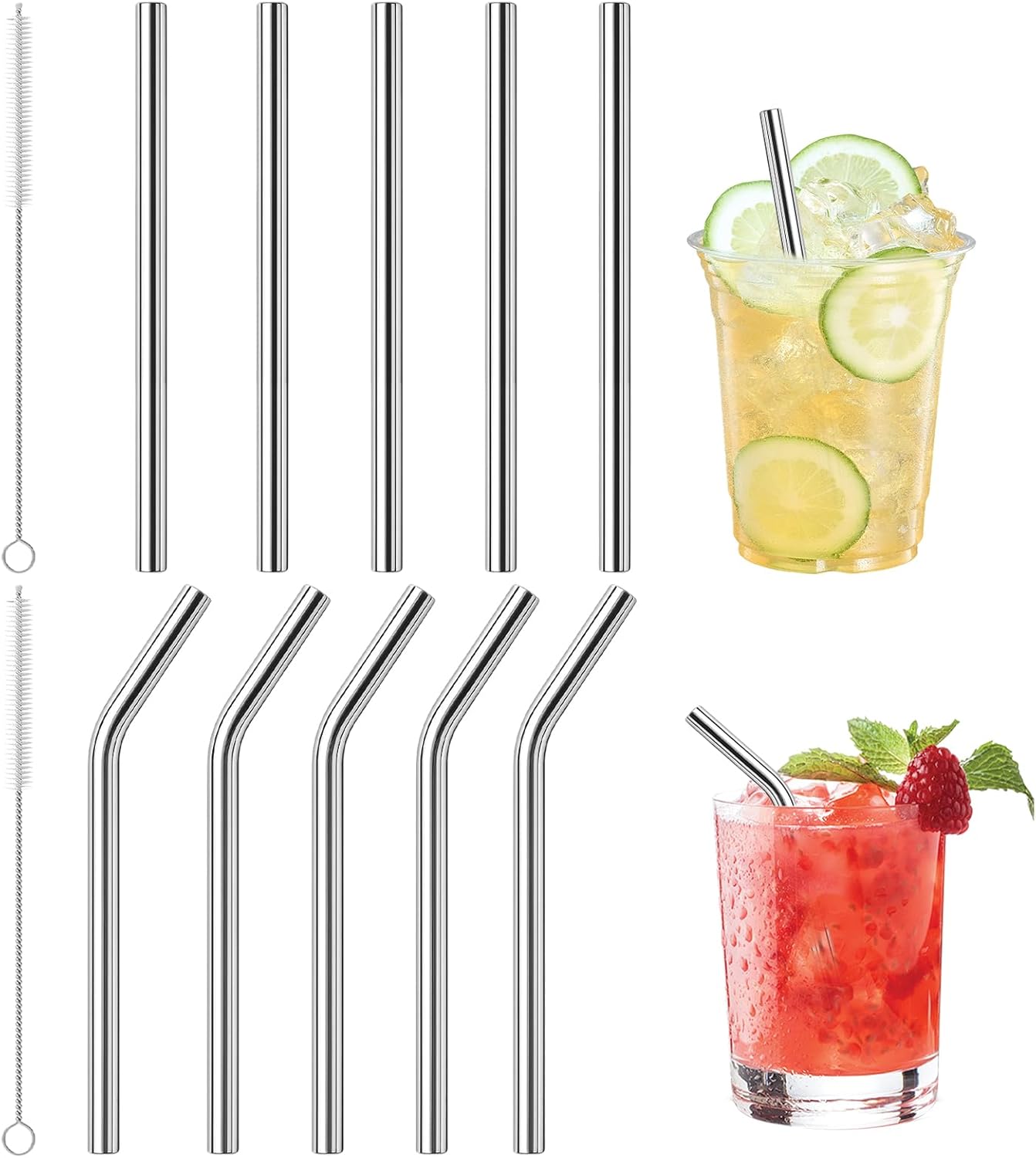 10 Pcs Short Metal Straws, 6 in x 8 mm Metal Straws Reusable Stainless Steel Straws 5 Straight 5 Bent with 2 Cleaning Brush, Reusable Short Drinking Straw for Cocktail Coffee Mugs Small Glasses Cups