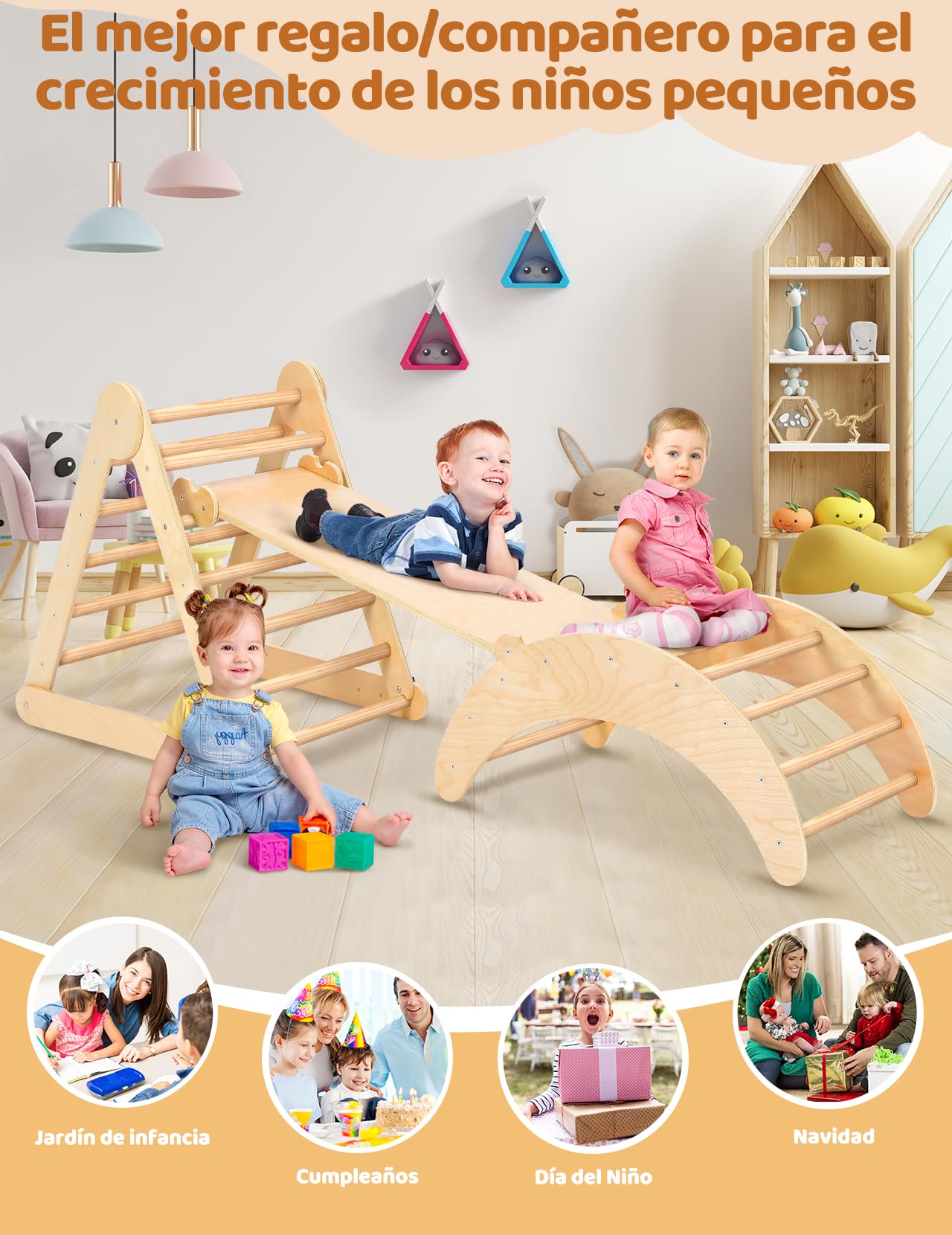 YOLEO Triangle d'escalade, Plegable 3 Piezas Montessori Climbing Frame con Rampa y Arco Balancín, Robusto y Divertido Parque Infantil y Gimnasio para Niños Pequeños 1-6 años