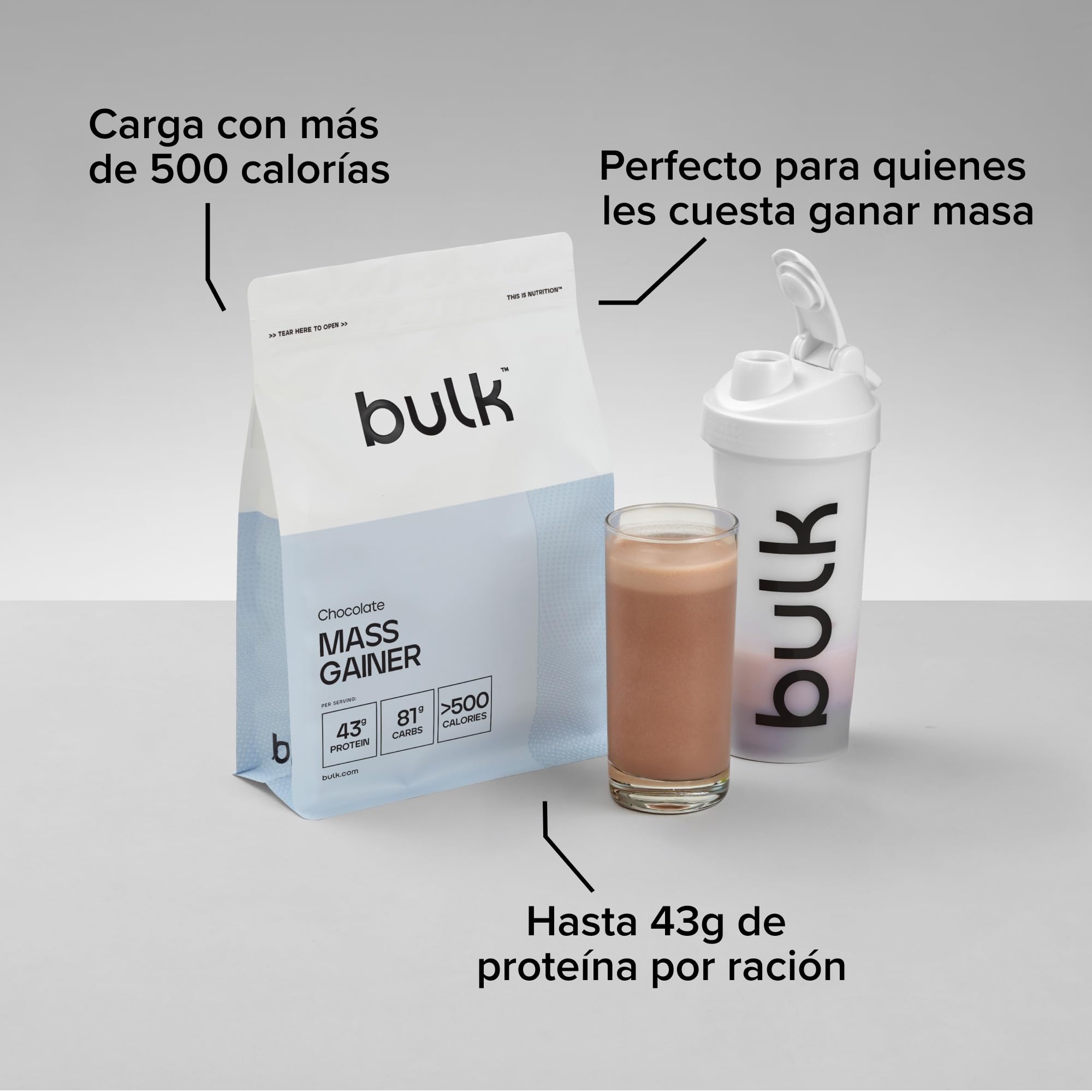 Bulk Mass Gainer Completo, Chocolate | 16 porciones, 43g proteína por porción, 81g carbohidratos, 500 kcal por porción, Gainer hipercalórico