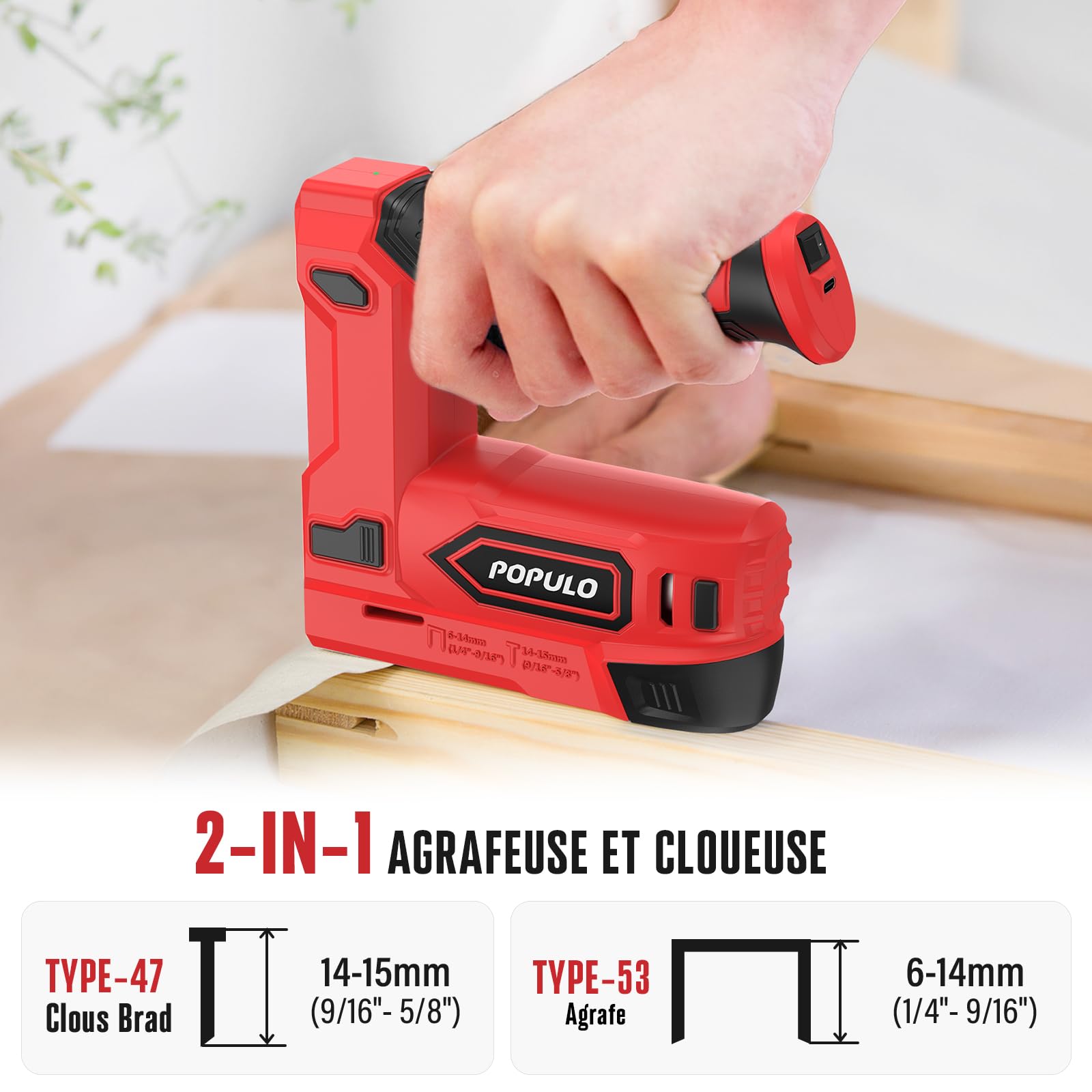POPULO Agrafeuse électrique 2-en-1 sans fil 4 V lithium-ion avec charge USB-C – inclut arrache-clou, agrafes et clous pour tapisserie, réparation de meubles, moquette et bricolage maison