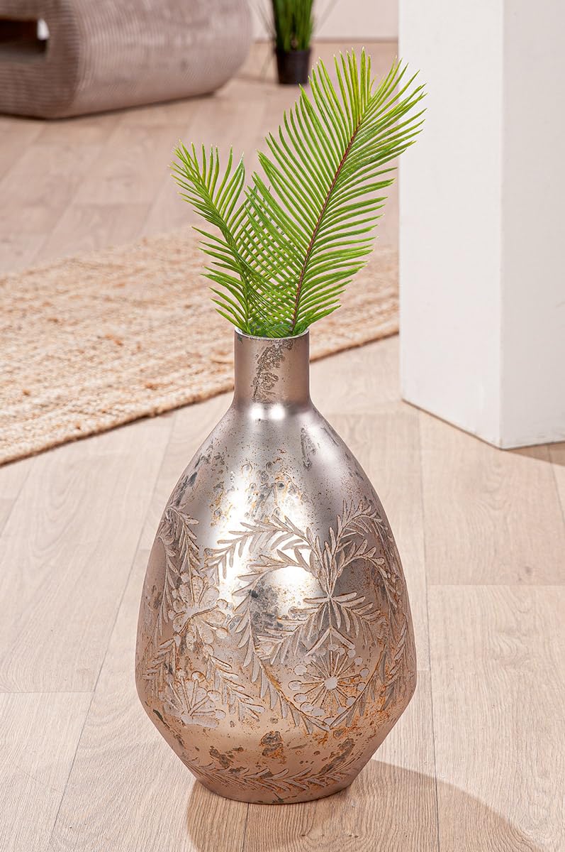 GILDE Vase Peso Glass Grey Antique Finish Matt Flower Motif Height 43 cm Decoration Home Accessory Gift Home Decor