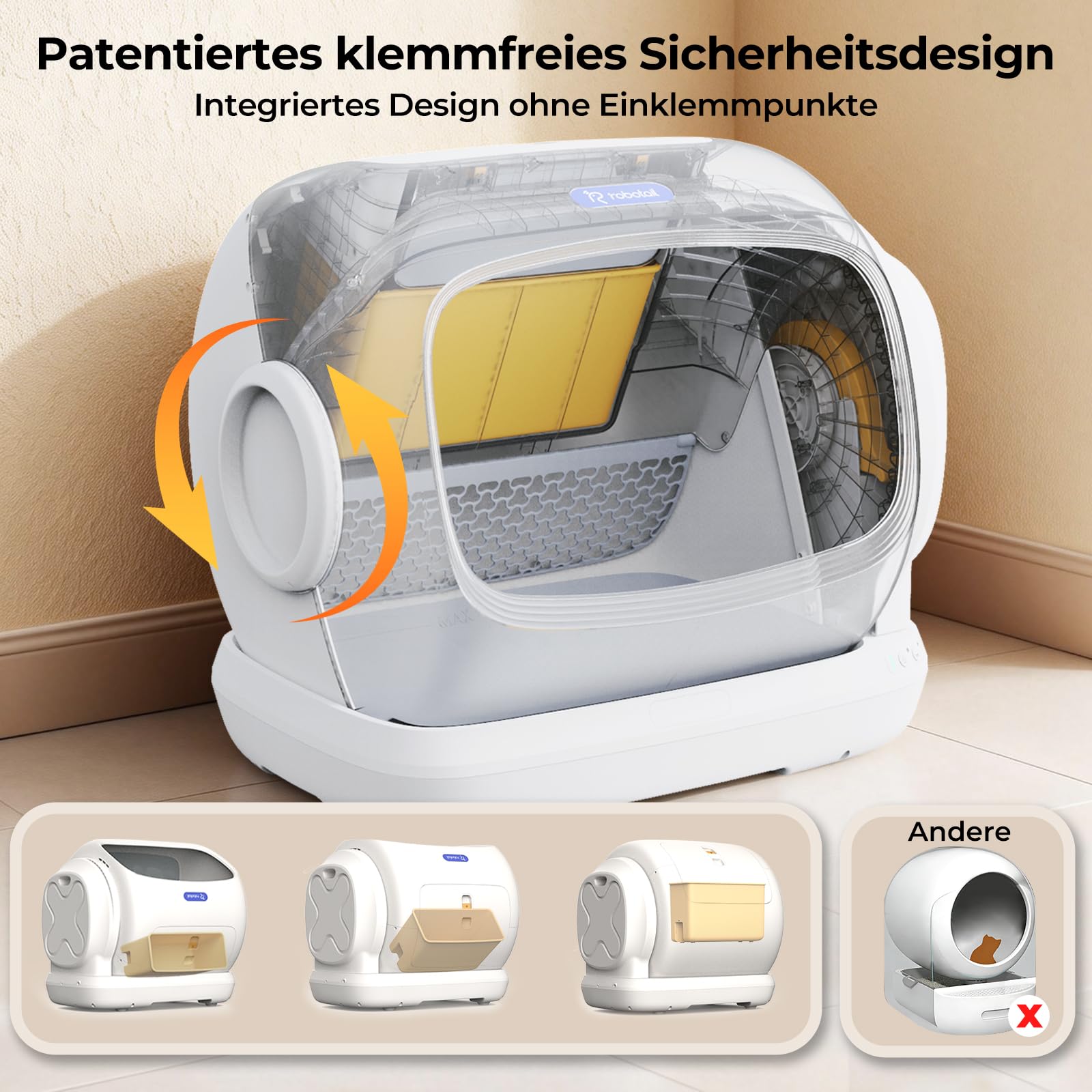 Robotail Selbstreinigende Katzentoilette Katzenklo Selbstreinigend, 106L XXXL Elektrisches Katzenklo für Große Katzen, Automatisches Katzenklo mit Weiter Öffnung, APP, Sensorsystem und Einklemmschutz