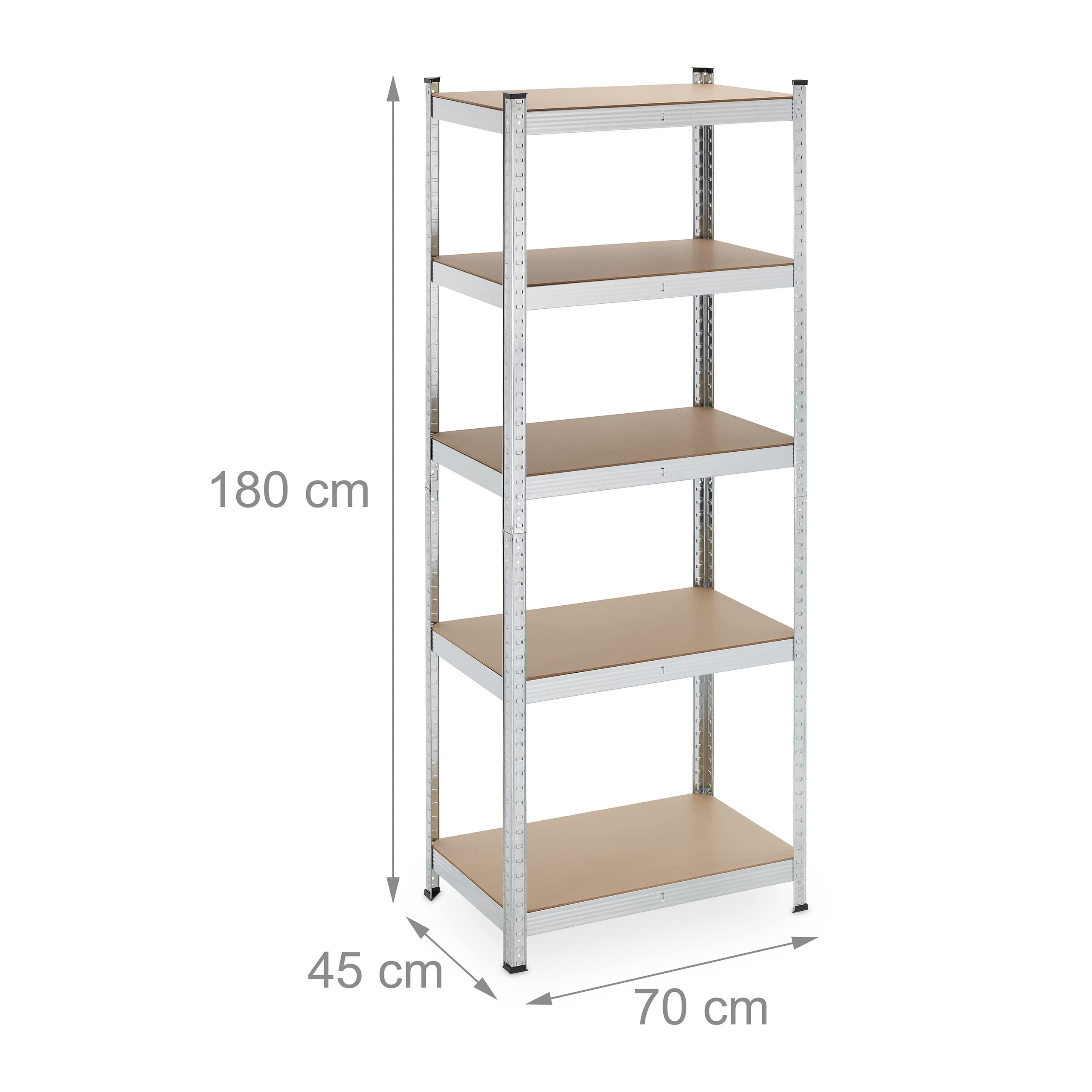 Relaxdays Étagère Charge Lourde, 5 Niveaux, HxLxP: 180x70x45 cm, supporte Jusqu’à 500 kg, Acier, Cave & Garage, argenté