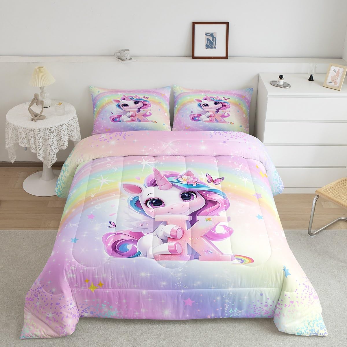 Unicorn Bedding Set,3D Pink Blue Unicorn Floral Bedding,Queen Gradient Glitter Comforter Sets for Kids Girls Cute Reversible Galaxy Comforter Alphabet Letter K,Teens Cartoon Unicorn Room Decor