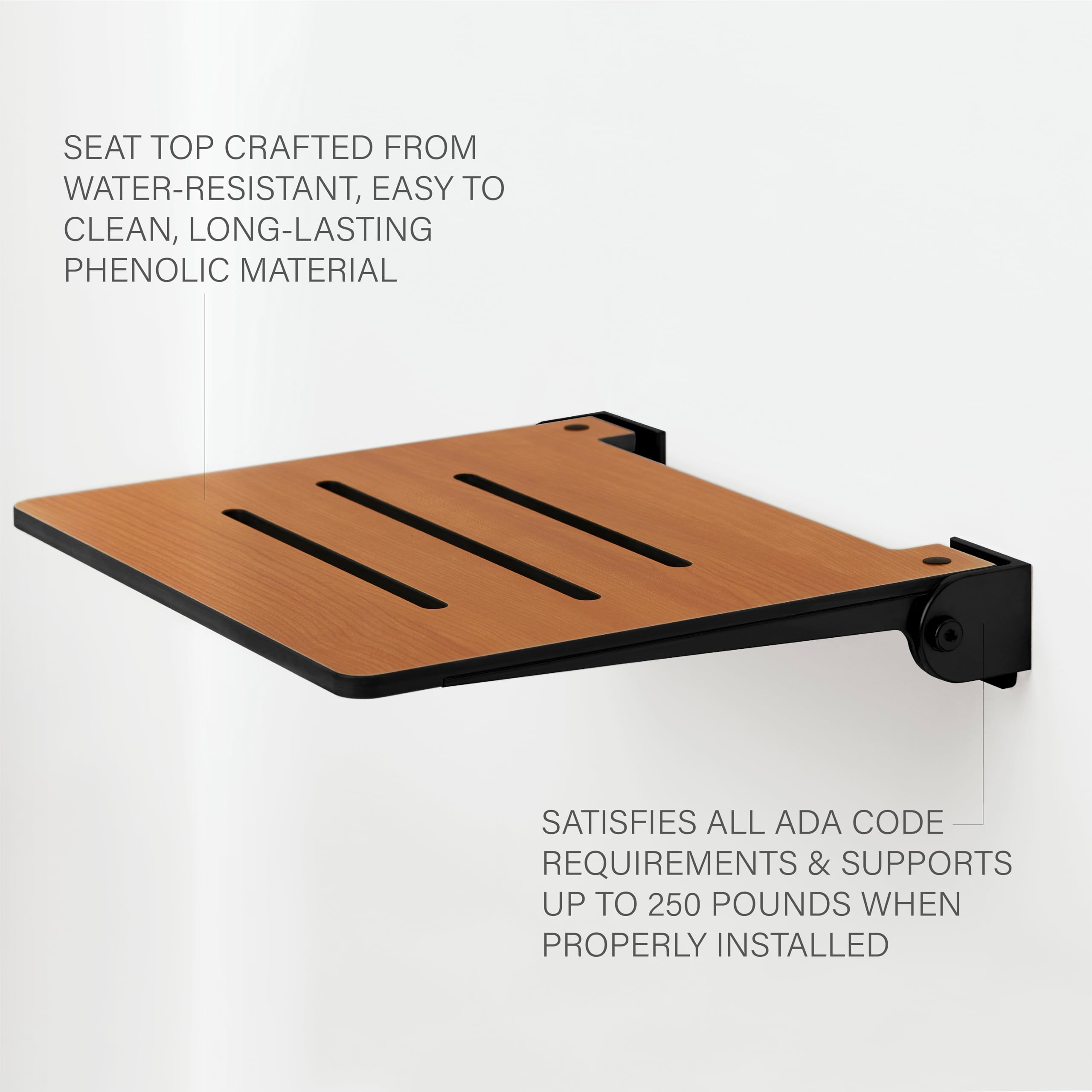 Seachrome Slimline - Ducha Plegable para Montar en la Pared, Asiento de Teca con Marco Negro Mate