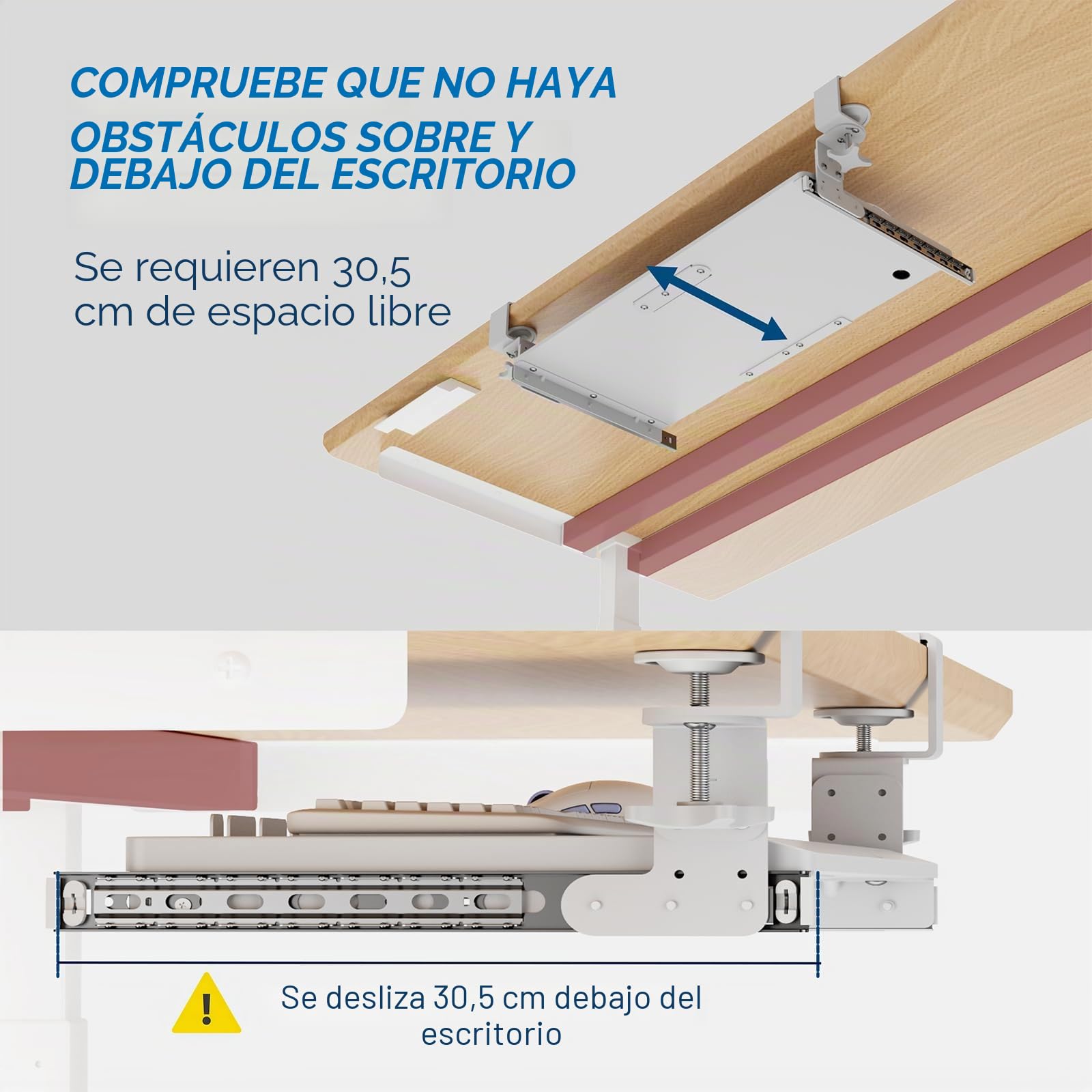 AX WABER Bandeja extraíble para teclado bajo escritorio, abrazadera tipo C, cajón deslizante 27.3" x 11", blanco